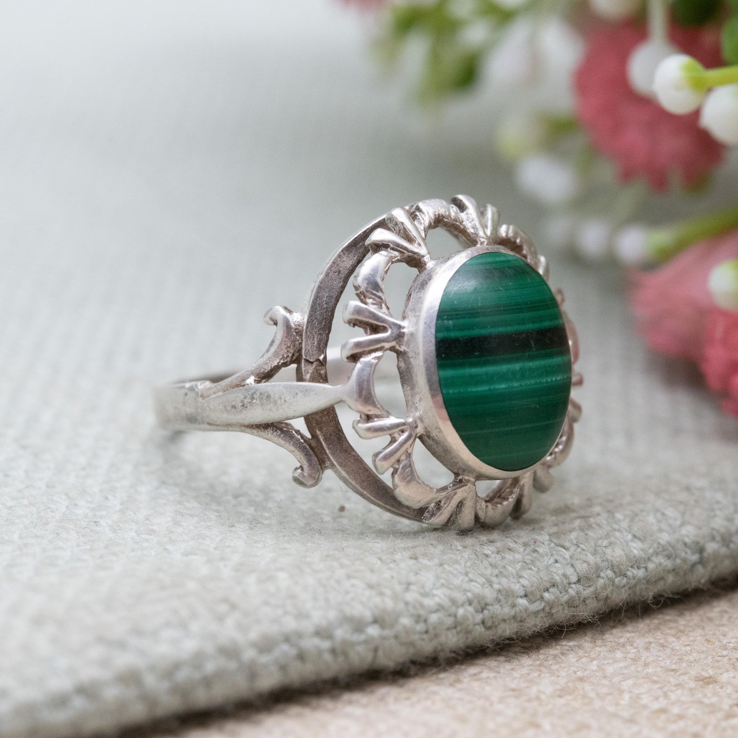 Vintage Sterling Silver Chunky Malachite Statement Ring - UK Size - P | US Size - 7 1/2