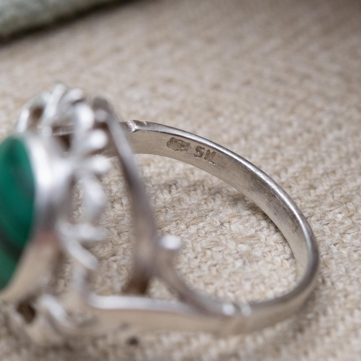 Vintage Sterling Silver Chunky Malachite Statement Ring - UK Size - P | US Size - 7 1/2