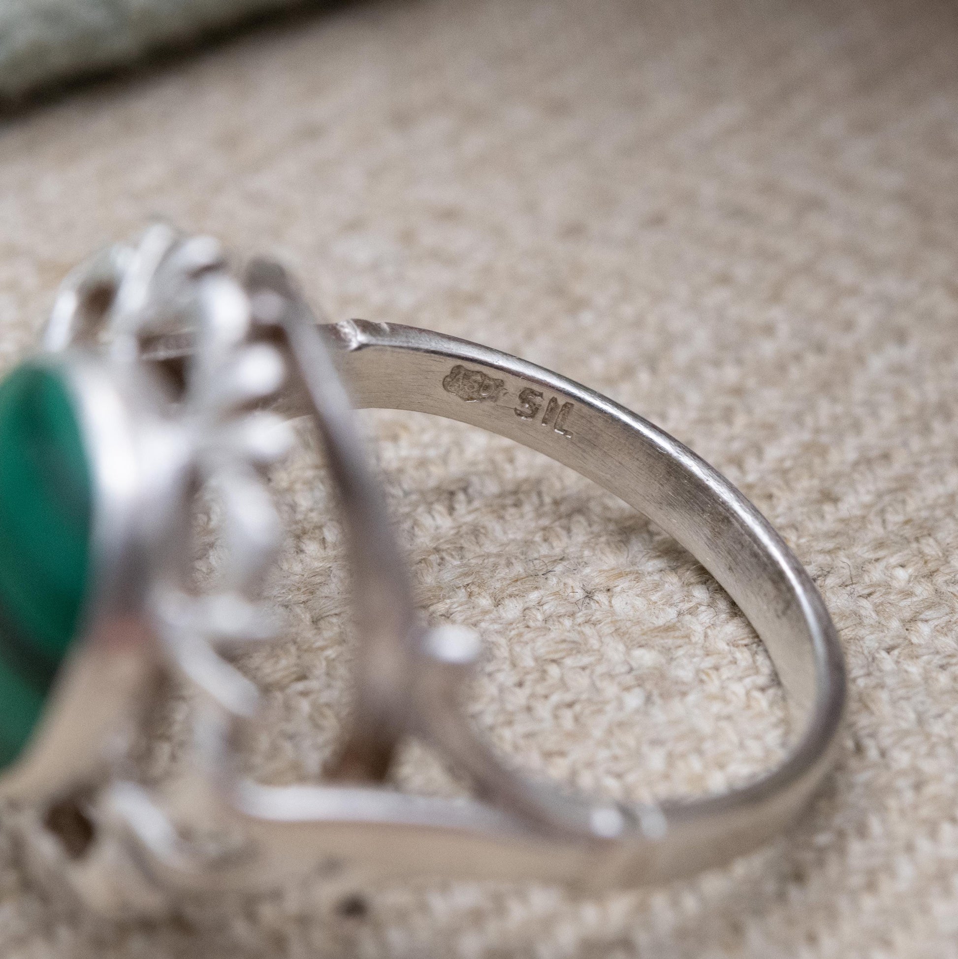 Vintage Sterling Silver Chunky Malachite Statement Ring - UK Size - P | US Size - 7 1/2