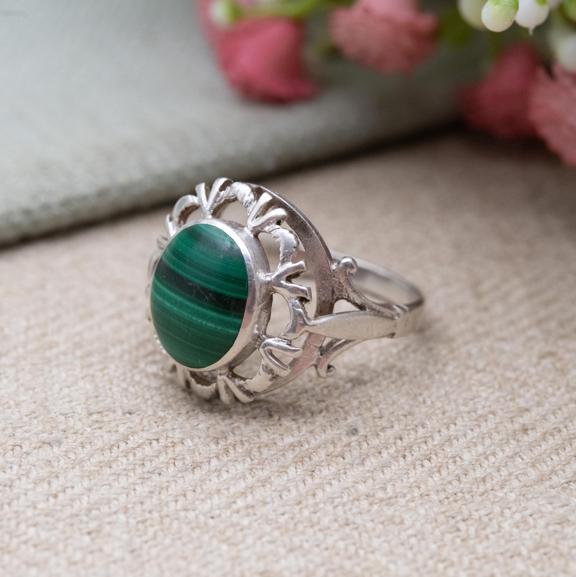 Vintage Sterling Silver Chunky Malachite Statement Ring - UK Size - P | US Size - 7 1/2