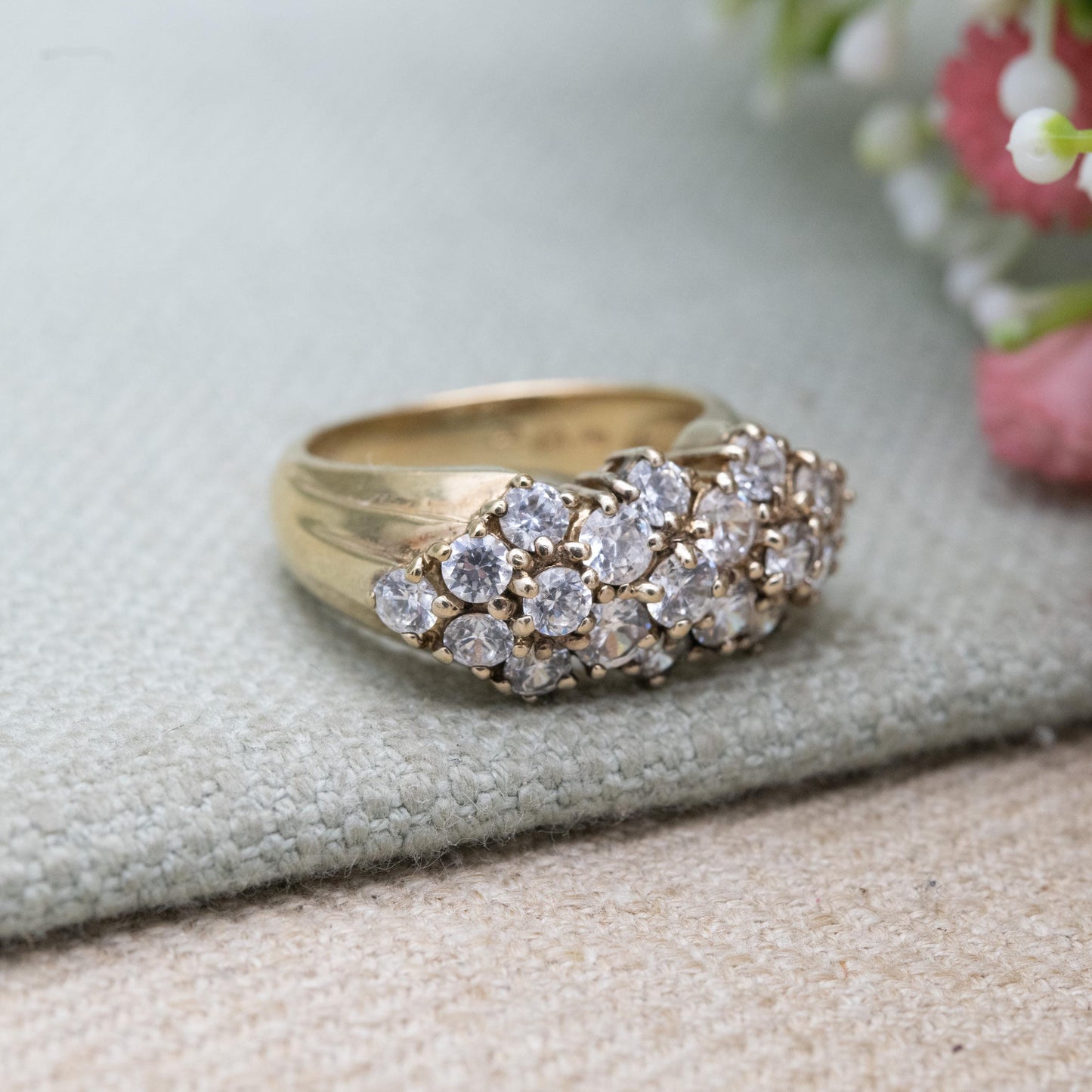 Vintage Gold Plated Sterling Silver CZ Cluster Ring - Large Statement Cocktail Jewellery Gift for Her | UK Size - Q 1/2 | US Size - 8 1/4