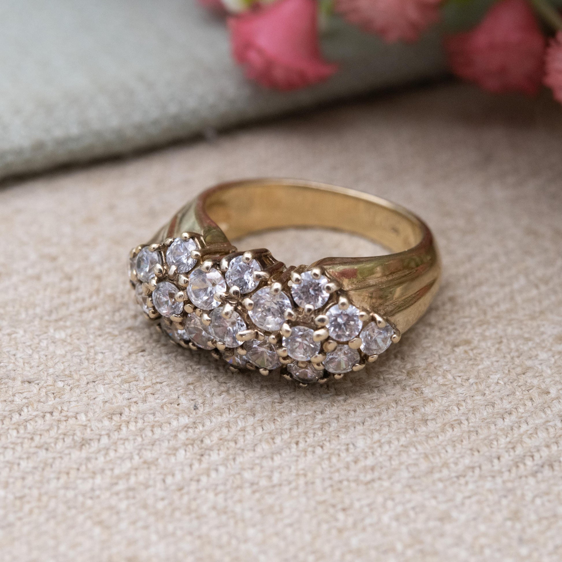 Vintage Gold Plated Sterling Silver CZ Cluster Ring - Large Statement Cocktail Jewellery Gift for Her | UK Size - Q 1/2 | US Size - 8 1/4