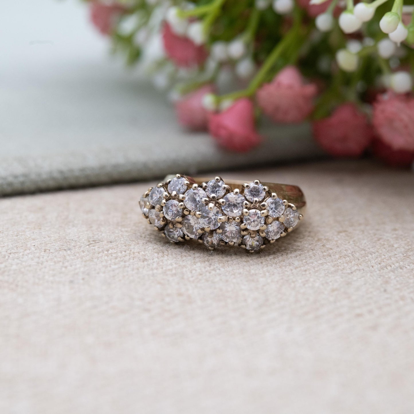 Vintage Gold Plated Sterling Silver CZ Cluster Ring - Large Statement Cocktail Jewellery Gift for Her | UK Size - Q 1/2 | US Size - 8 1/4