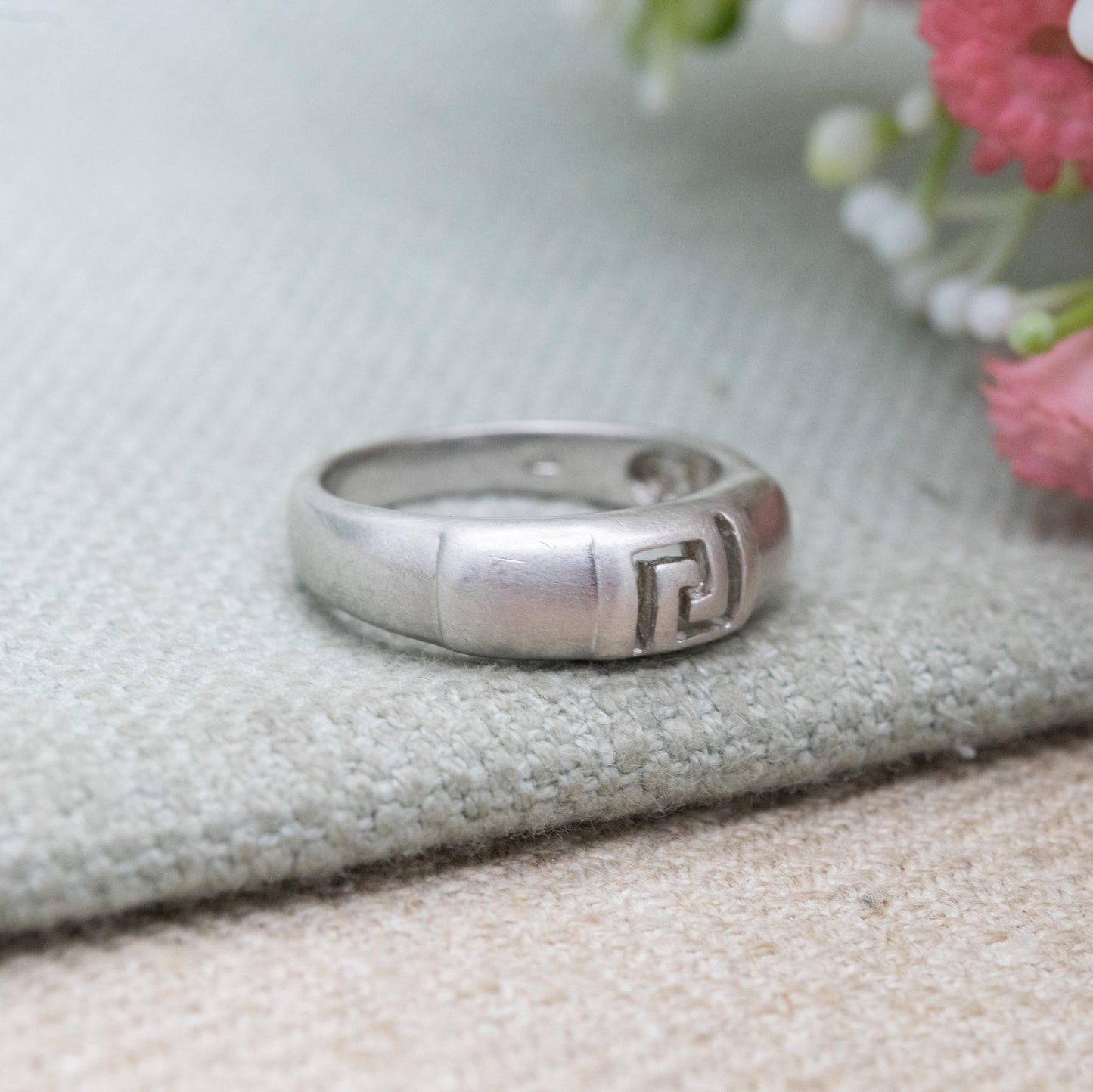 Vintage Sterling Silver Greek Key Band Ring - Meander Design Minimal Unisex Silver | UK Size - L 1/2 | US Size - 6