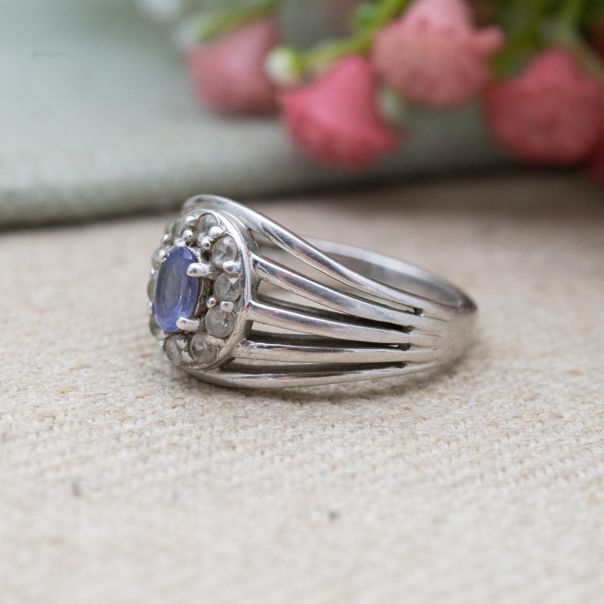 Vintage Sterling Silver Tanzanite Halo Ring - Chunky Cocktail Ring | UK Size - O 1/2 US Size - 8 1/2