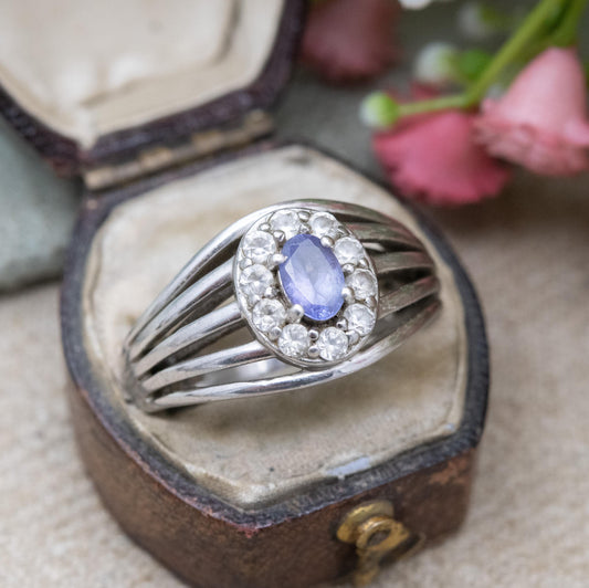 Vintage Sterling Silver Tanzanite Halo Ring - Chunky Cocktail Ring | UK Size - O 1/2 US Size - 8 1/2