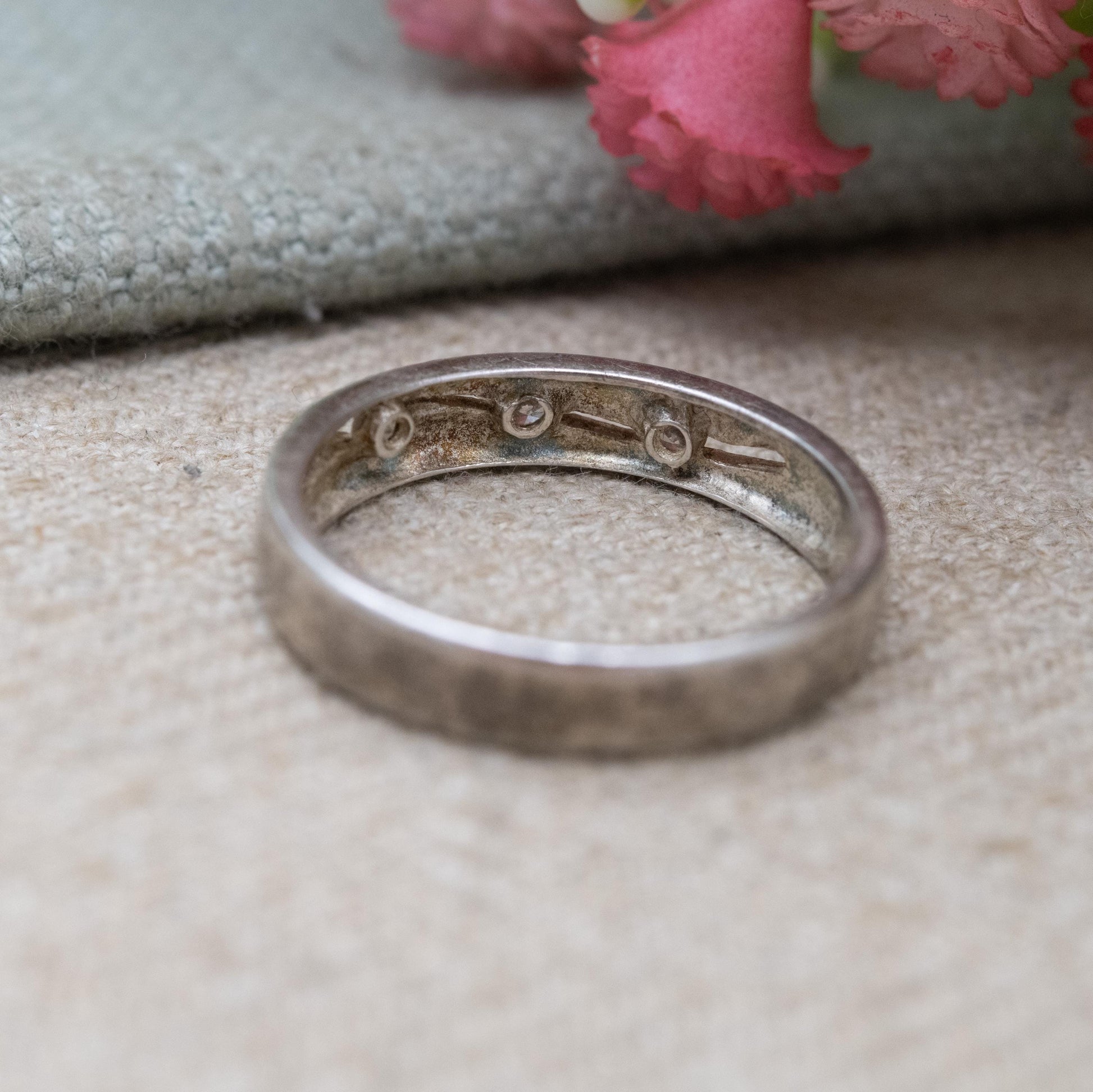 Vintage Sterling Silver Flush CZ Band Ring - Minimalist Stacking Ring | UK Size - P 1/2 | US Size - 8