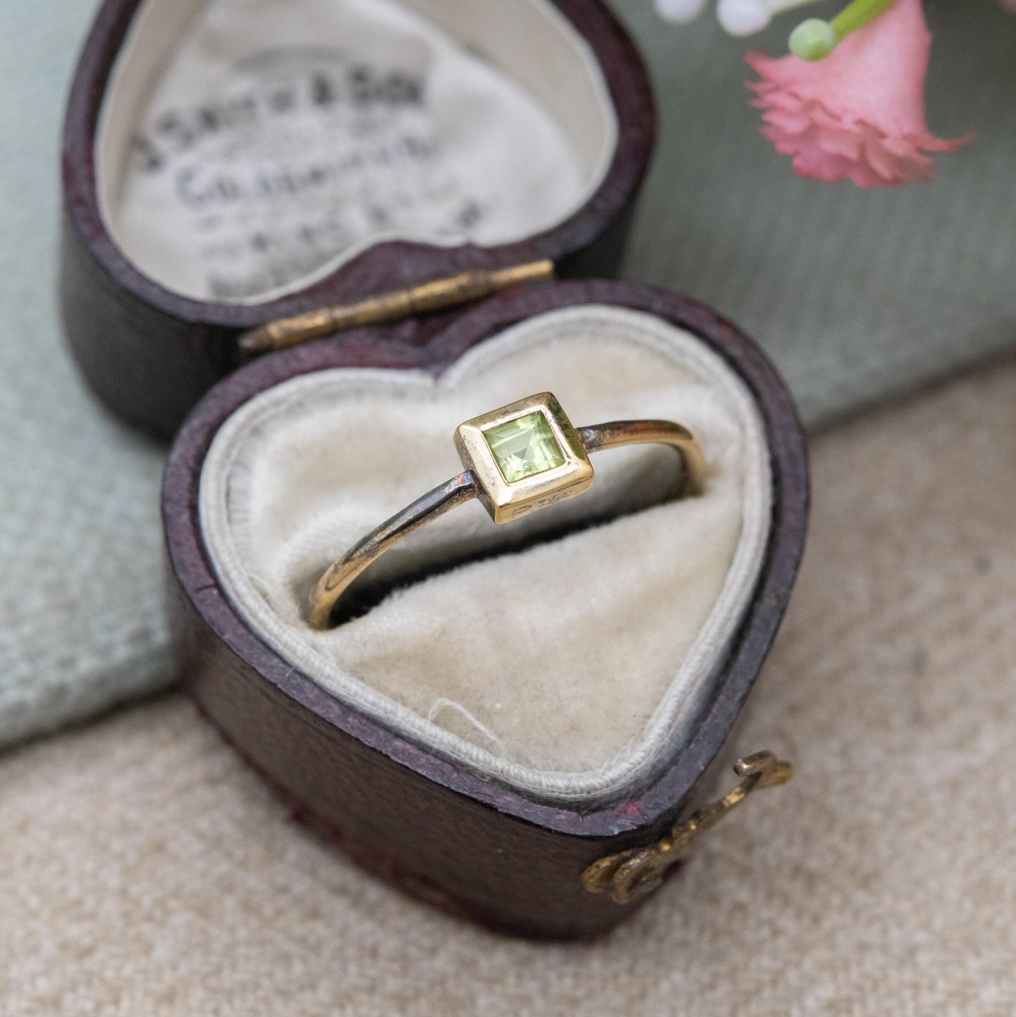 Minimalist Gold Plated Sterling Silver Peridot Ring - Stellar | Square Green Stone | UK Size - N | US Size - 7