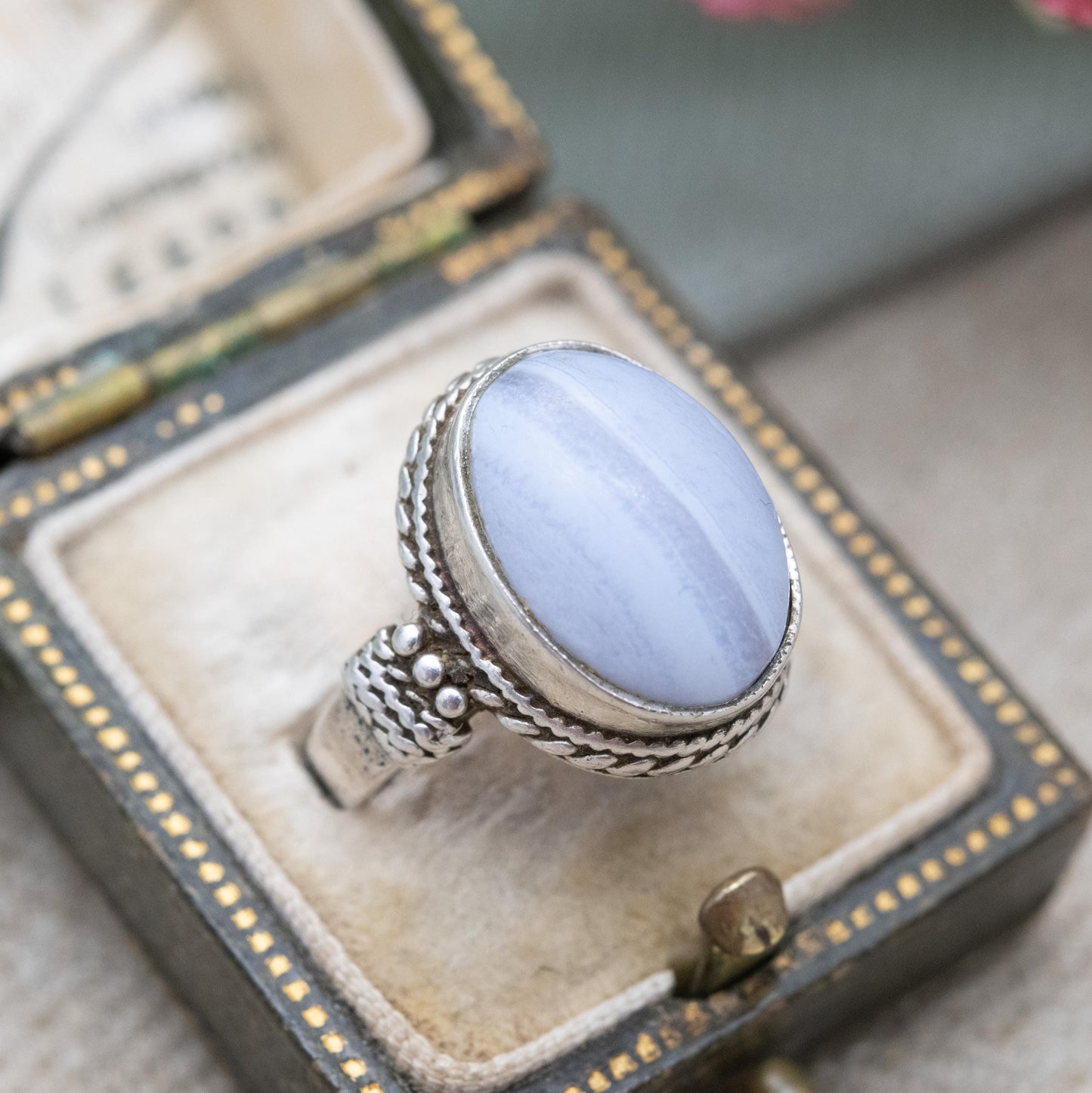 Vintage Sterling Silver Blue Lace Agate Ring - Mid-Century Ring | Banded Agate Gemstone | UK Size - J 1/2 | US Size - 5