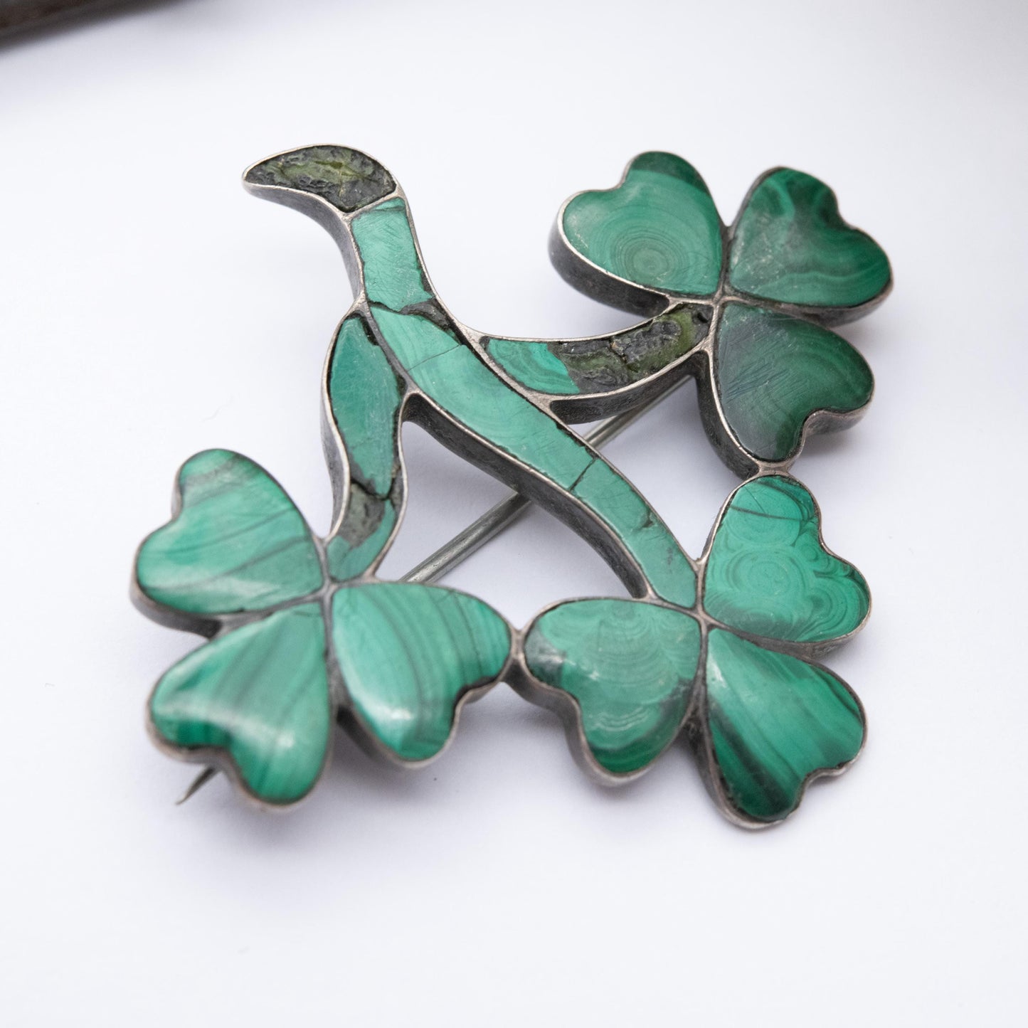 Antique Victorian Malachite Sterling Silver 3 Leaf Clover Brooch - Irish Symbol