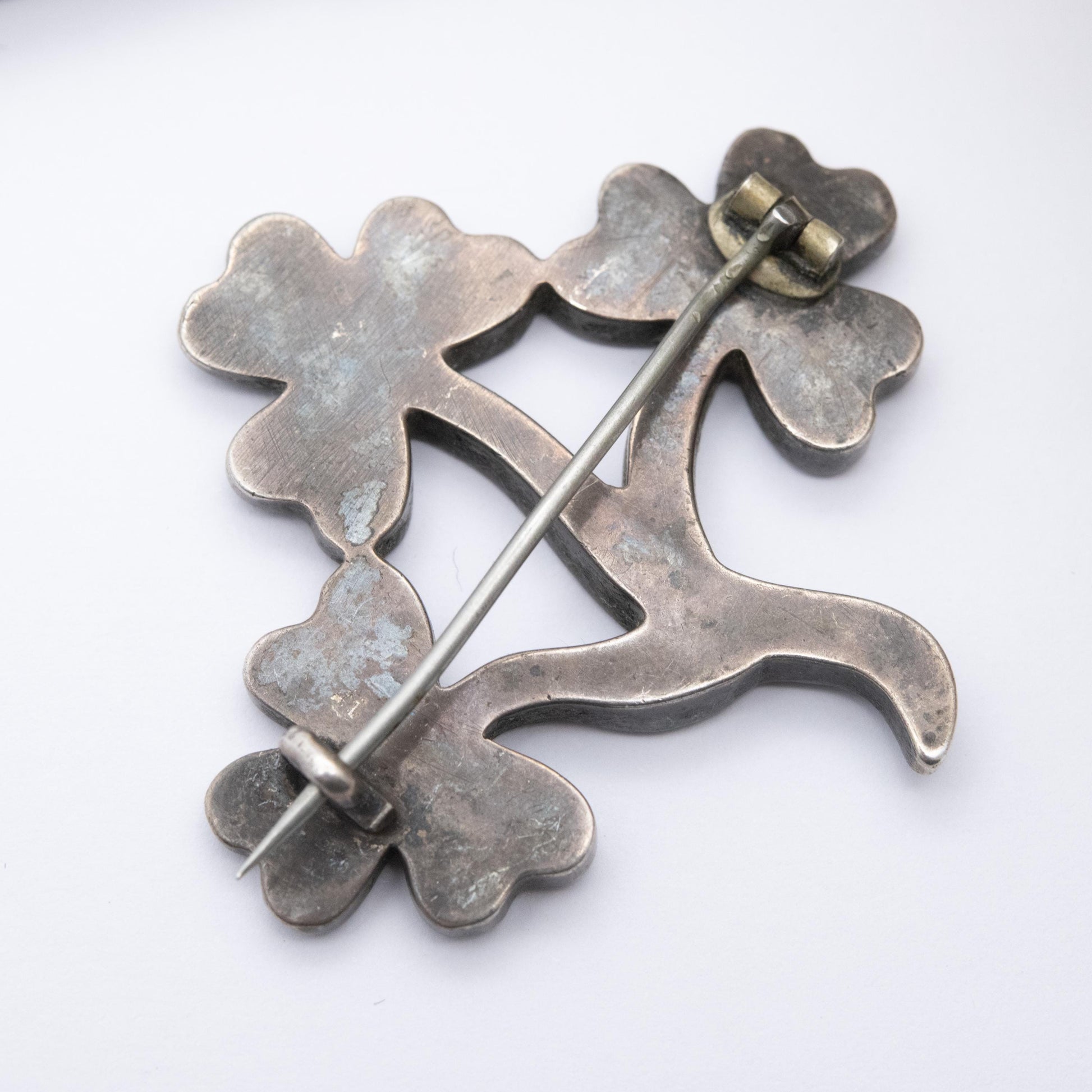 Antique Victorian Malachite Sterling Silver 3 Leaf Clover Brooch - Irish Symbol