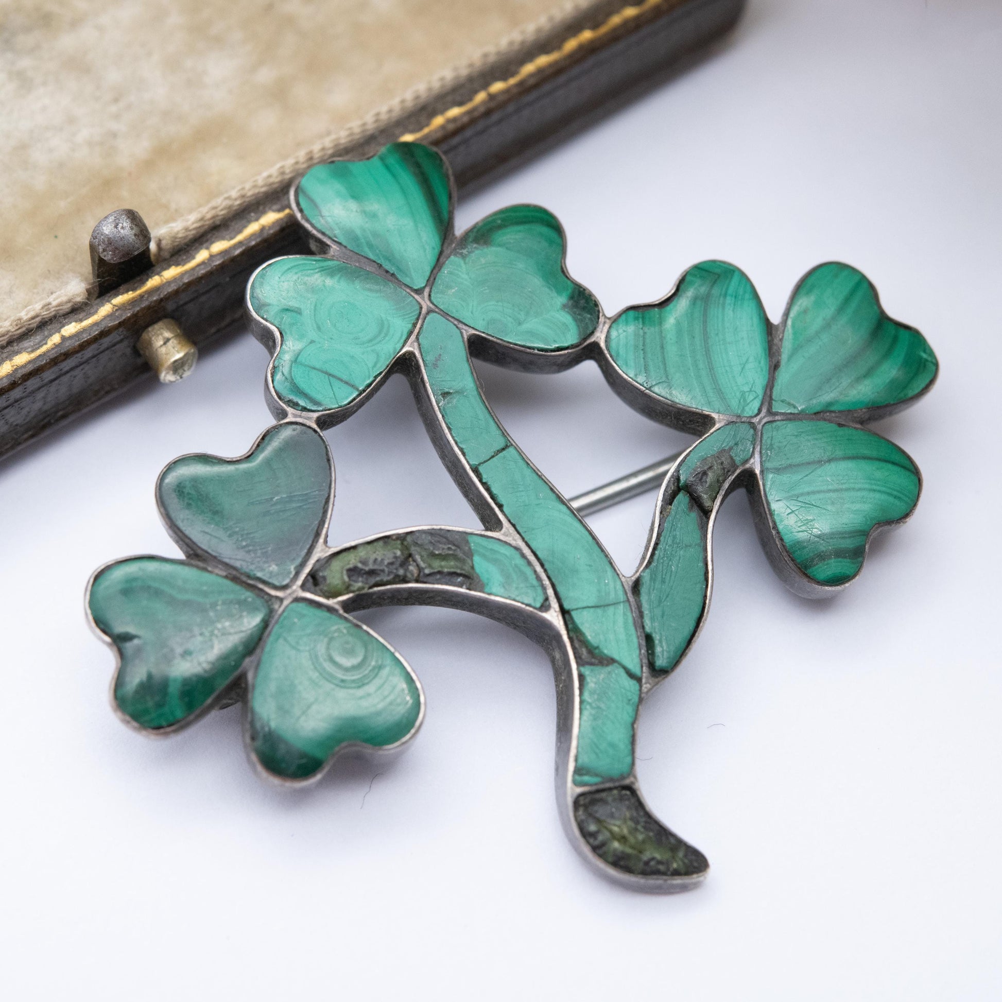 Antique Victorian Malachite Sterling Silver 3 Leaf Clover Brooch - Irish Symbol