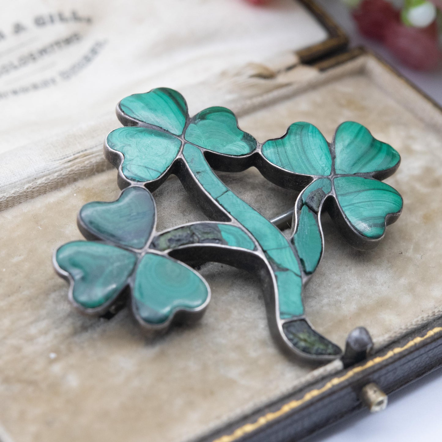 Antique Victorian Malachite Sterling Silver 3 Leaf Clover Brooch - Irish Symbol