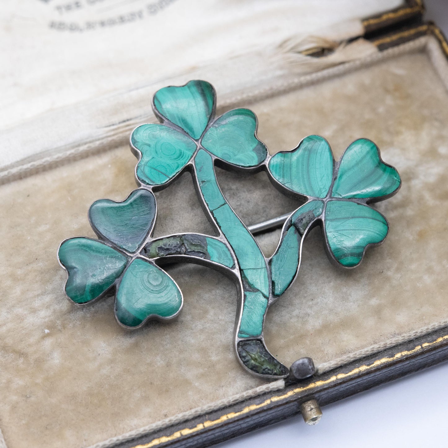 Antique Victorian Malachite Sterling Silver 3 Leaf Clover Brooch - Irish Symbol