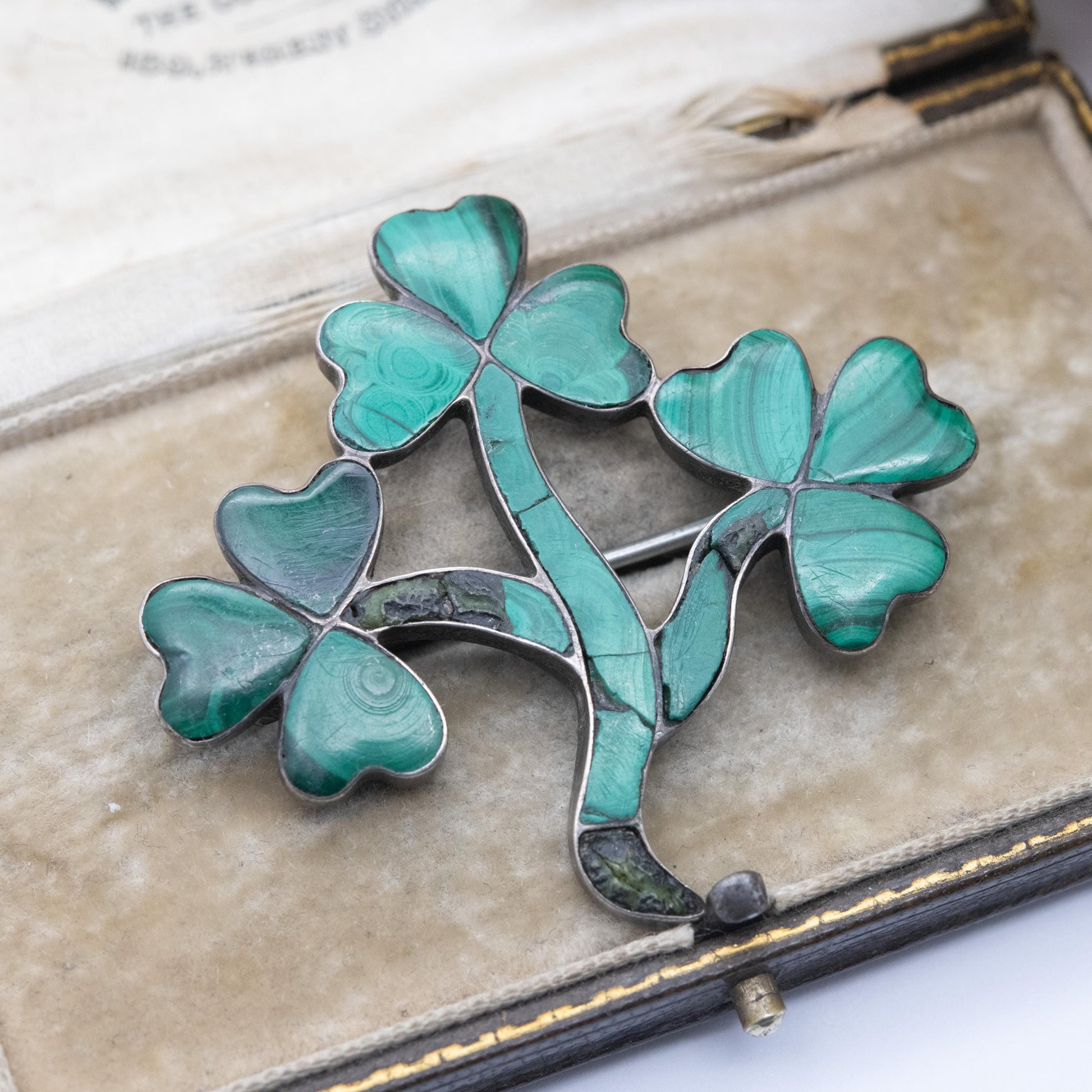 Antique Victorian Malachite Sterling Silver 3 Leaf Clover Brooch - Irish Symbol