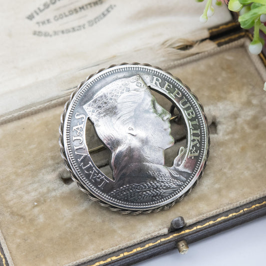 True Vintage European Silver 5 Lati Coin Brooch - Collectable Latvian Money Jewellery