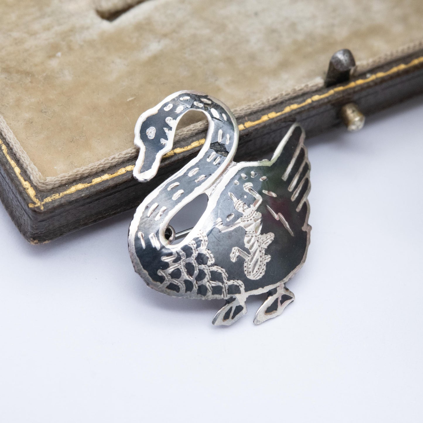 Vintage Thailand Sterling Silver Swan Brooch - Mekkala Goddess of Lightning | Black Niello | Vintage Siam Silver