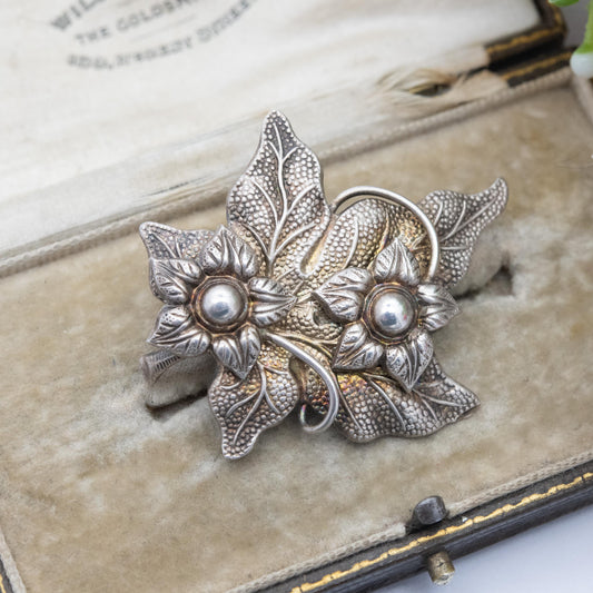 Vintage Sterling Silver Flower and Leaf Brooch - Mid-Century Floral Jewellery | Nature Lover | Gift for Her