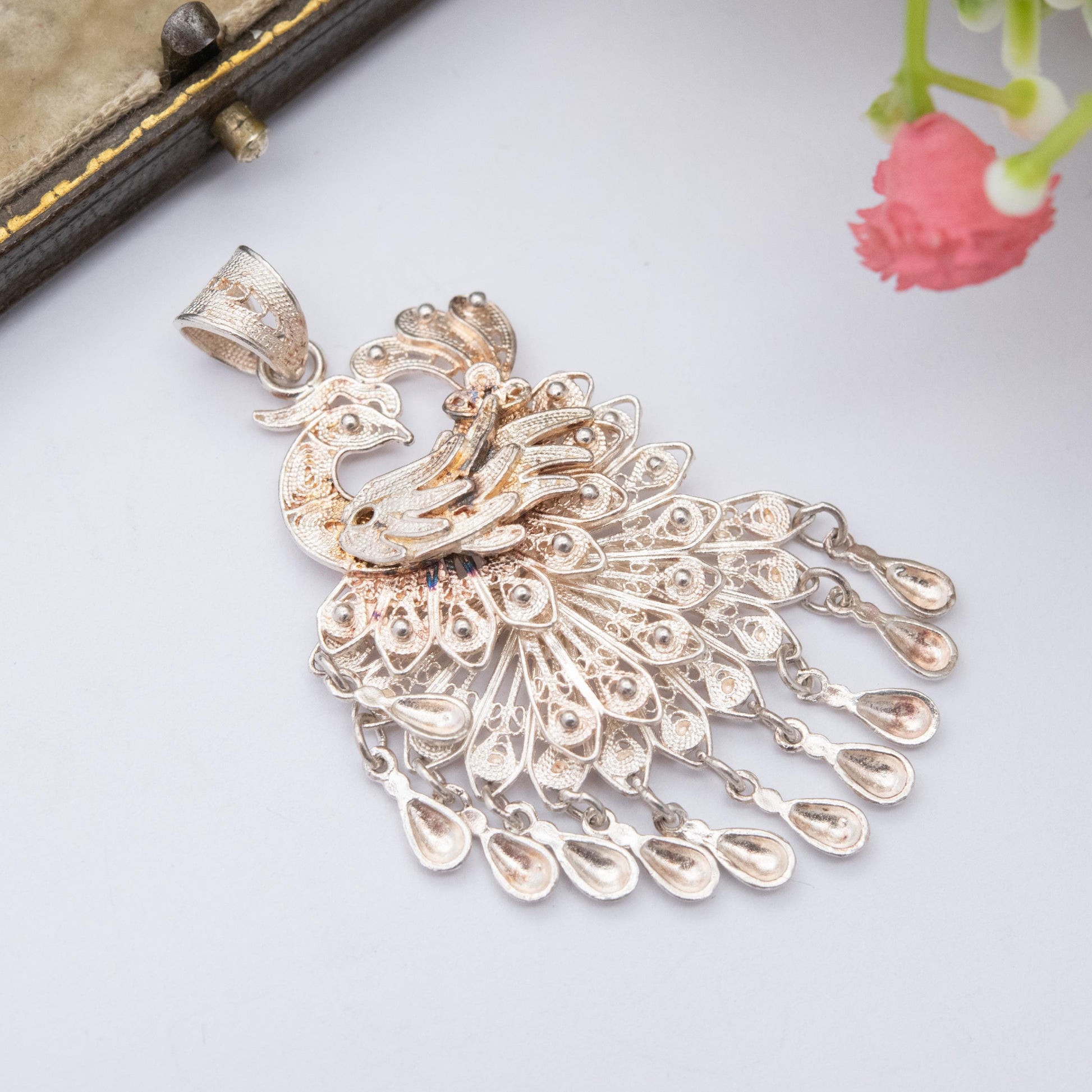 Vintage Sterling Silver Filigree Peacock Pendant - Articulated Bird Jewellery | Ornate Openwork | Gift for Pendant Necklace