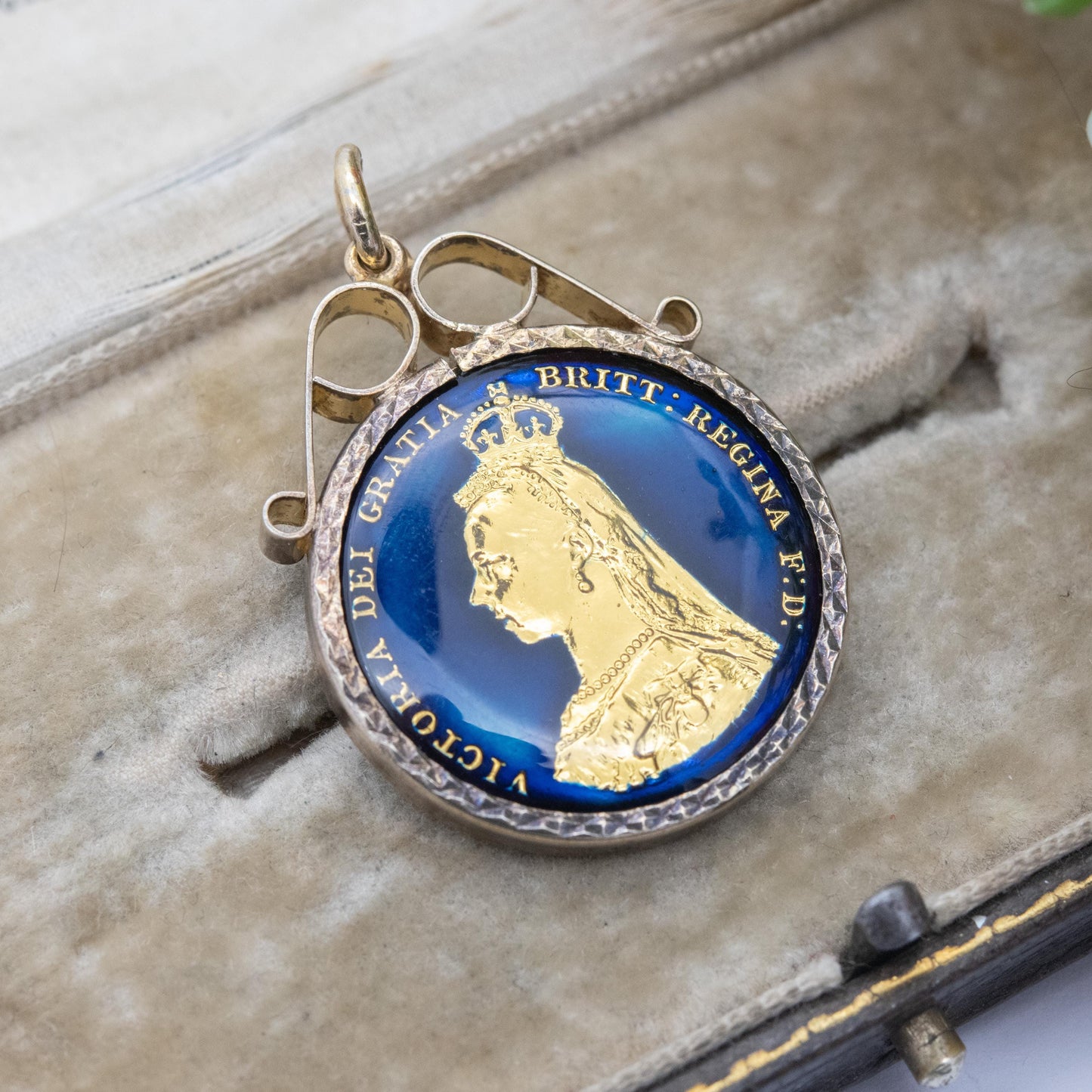 Antique Victoria Shilling Coin Pendant 1887 Enamelled and Gold Plated
