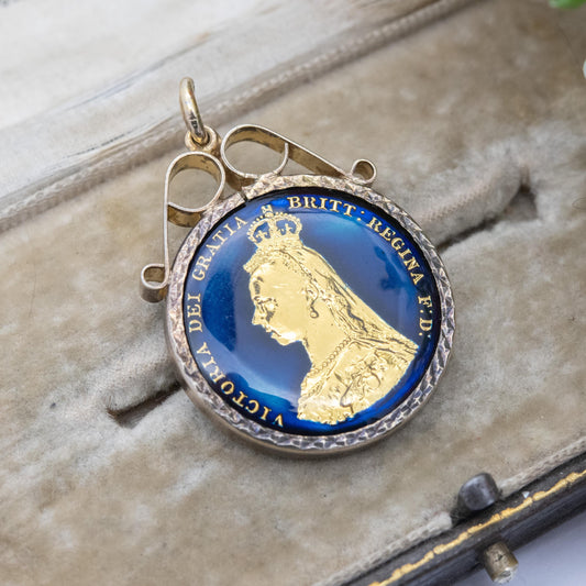 Antique Victoria Shilling Coin Pendant 1887 Enamelled and Gold Plated