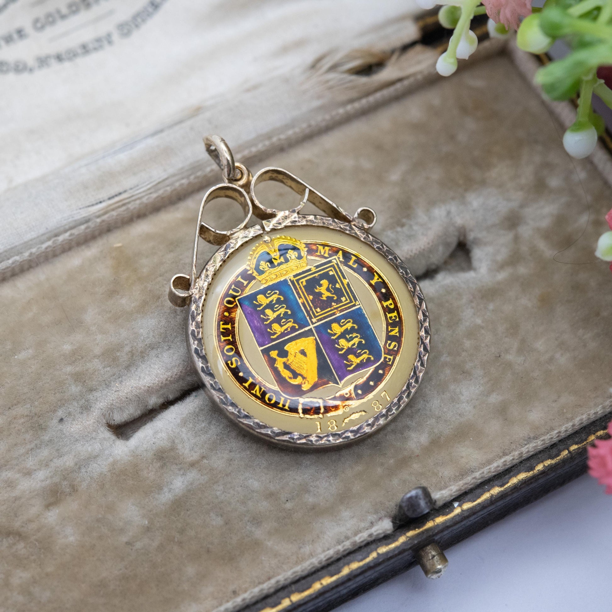 Antique Victoria Shilling Coin Pendant 1887 Enamelled and Gold Plated