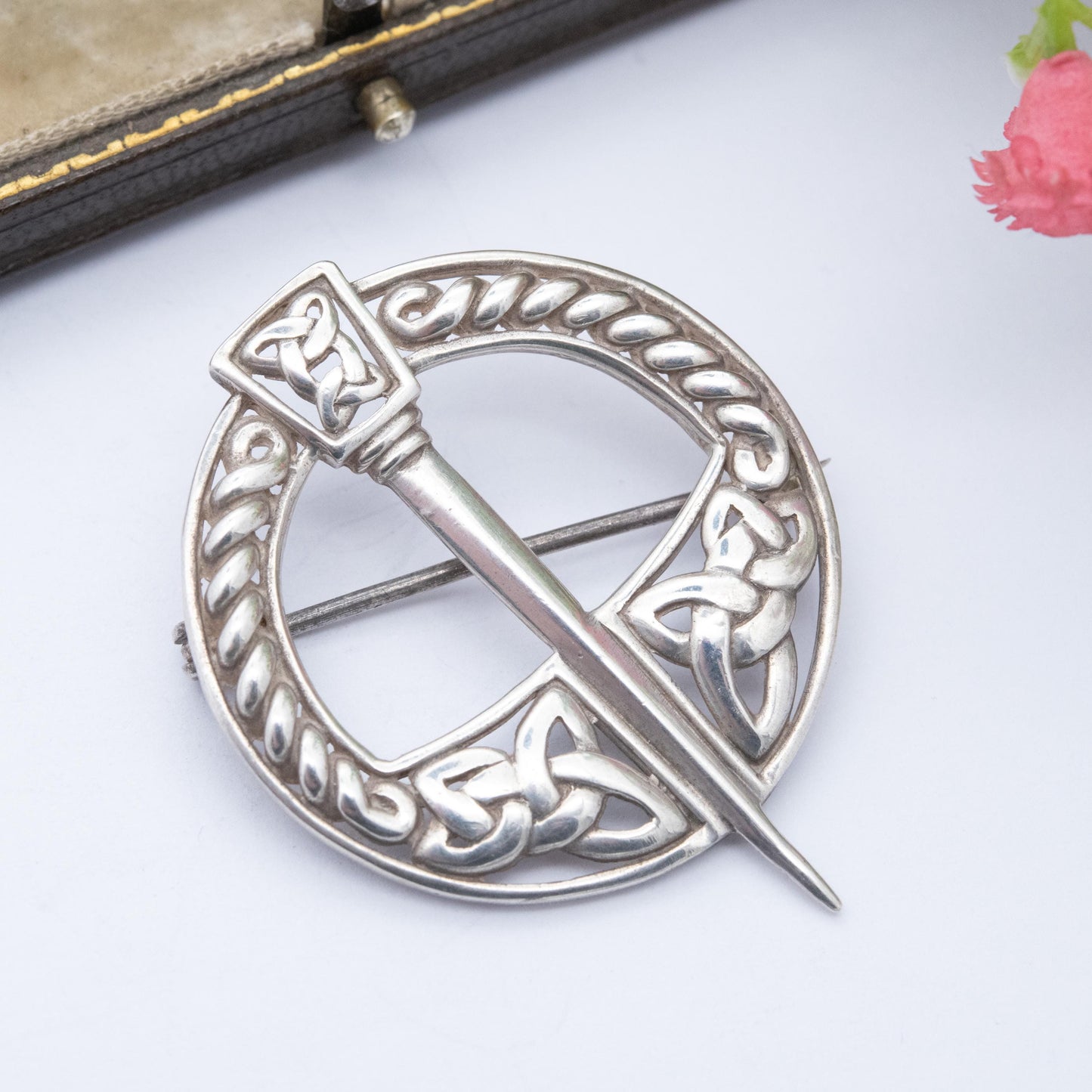 Vintage Sterling Silver Celtic Penannular Brooch - Knotted Triquetra and Rope Twist Design