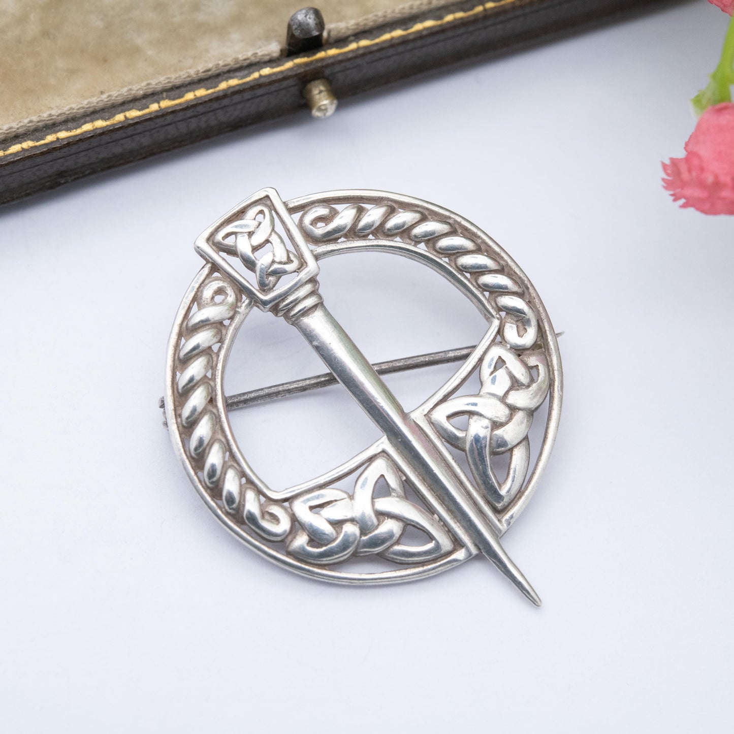Vintage Sterling Silver Celtic Penannular Brooch - Knotted Triquetra and Rope Twist Design