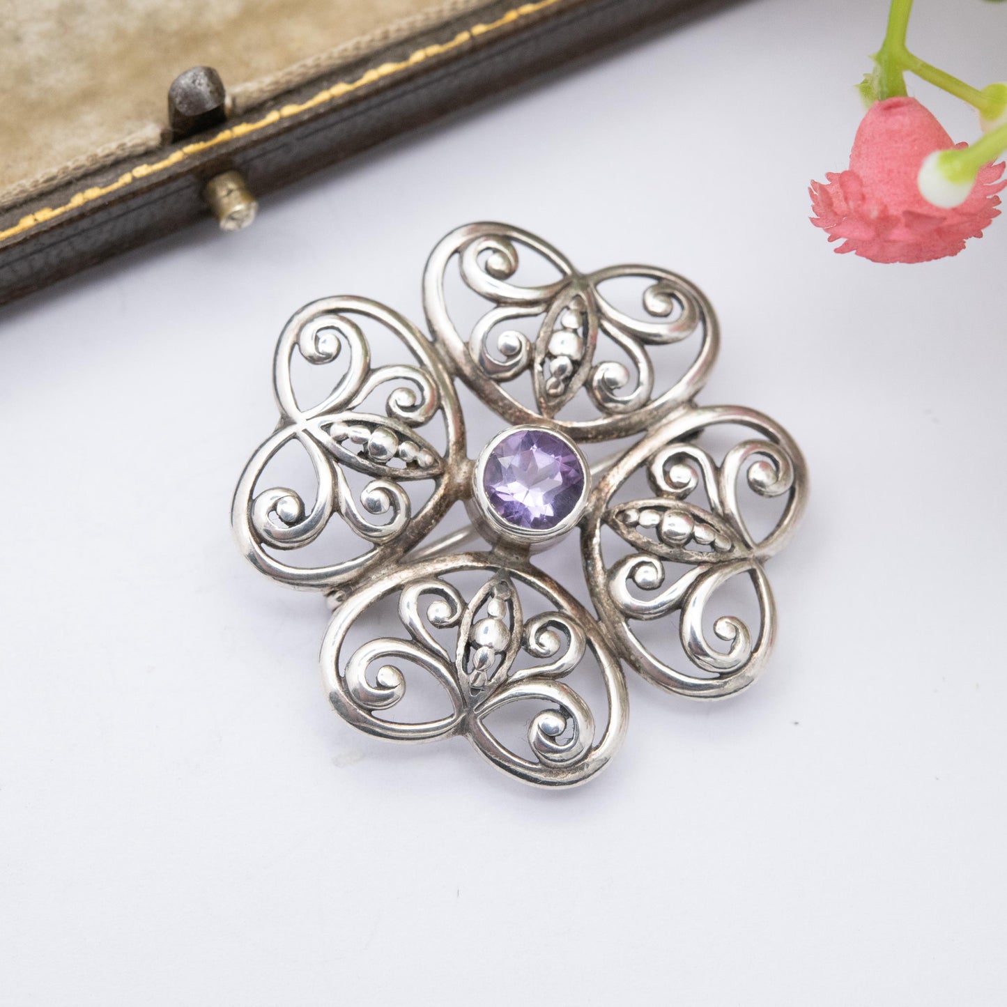 Vintage Sterling Silver Amethyst Floral Brooch - Openwork Flower Jewellery | Gift for Her