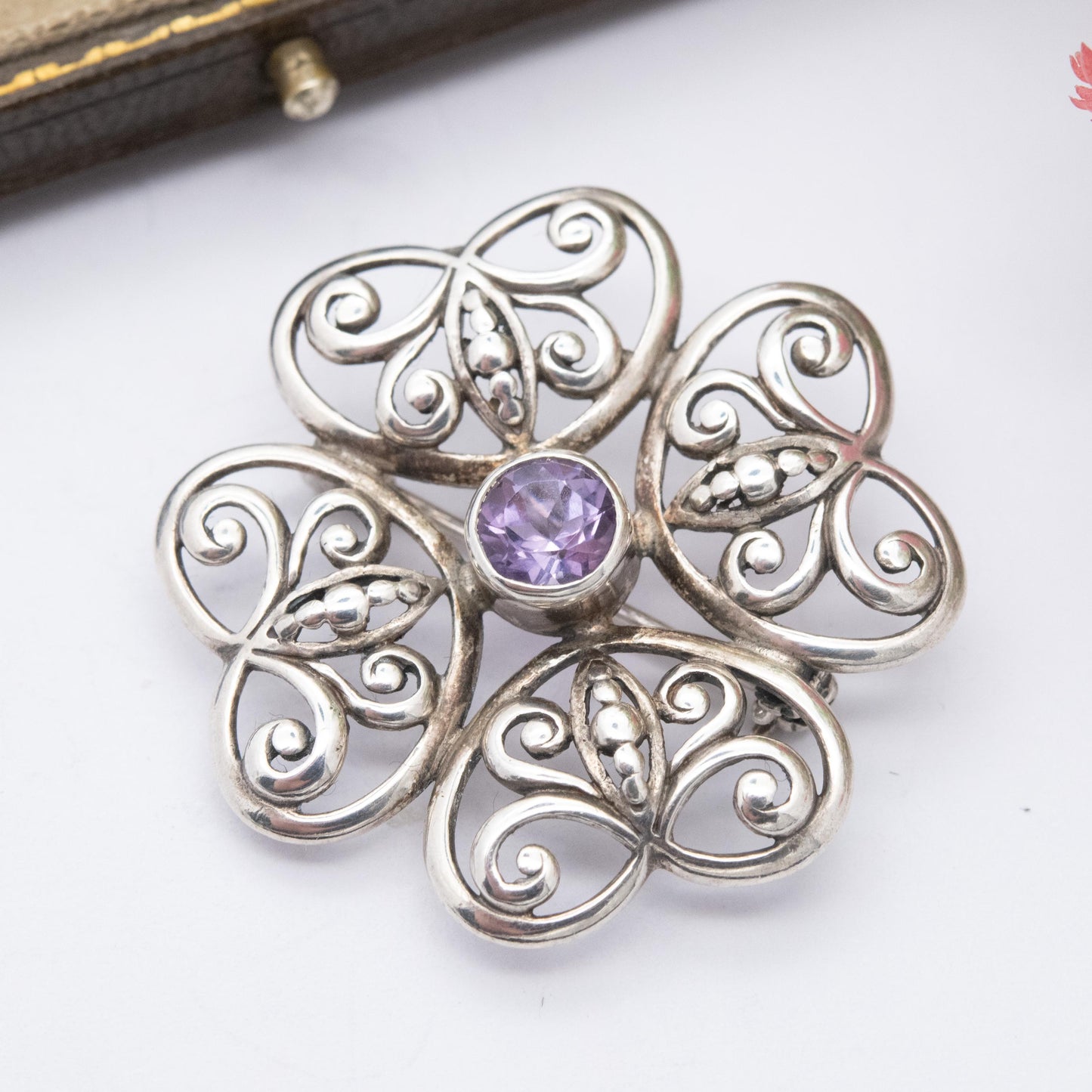 Vintage Sterling Silver Amethyst Floral Brooch - Openwork Flower Jewellery | Gift for Her