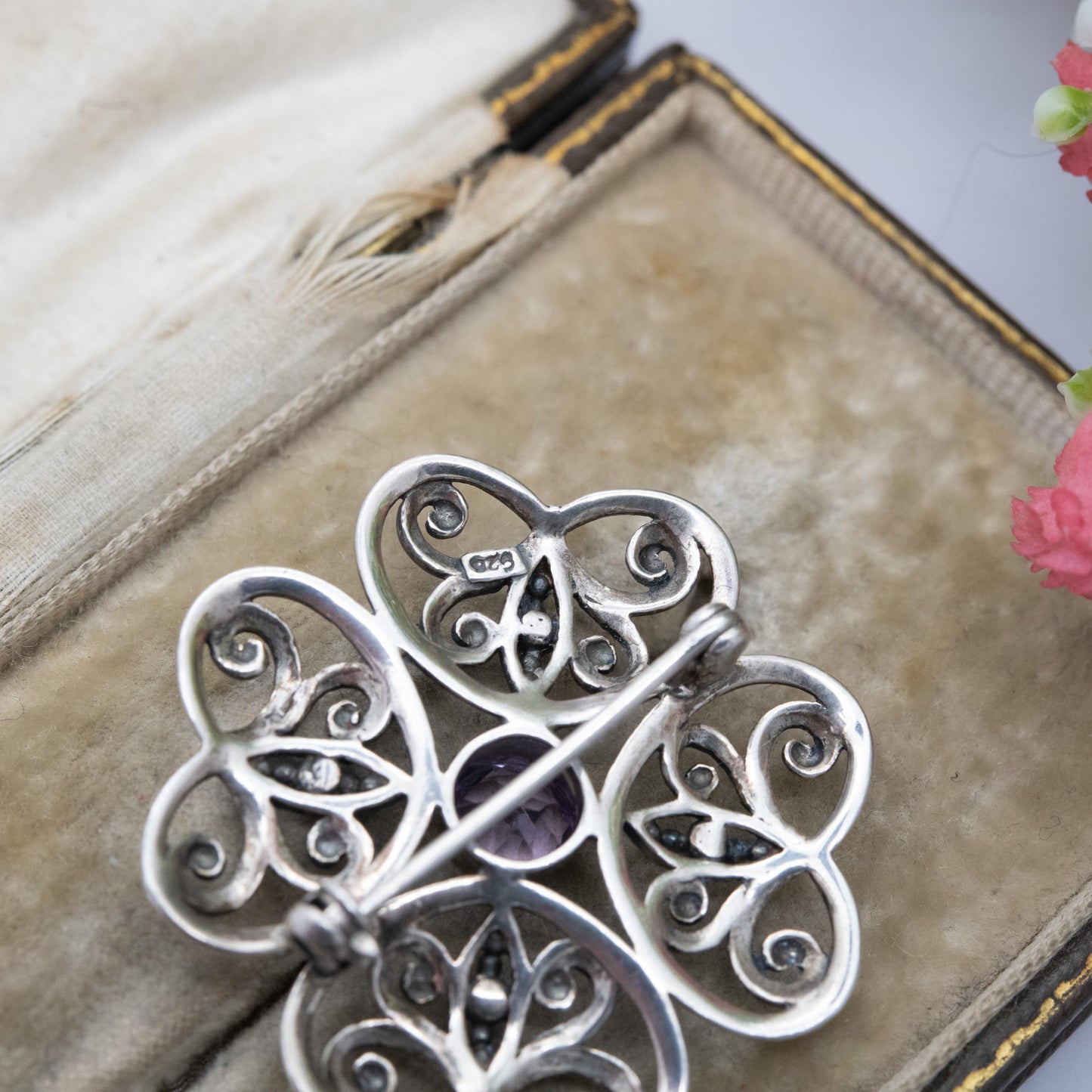 Vintage Sterling Silver Amethyst Floral Brooch - Openwork Flower Jewellery | Gift for Her