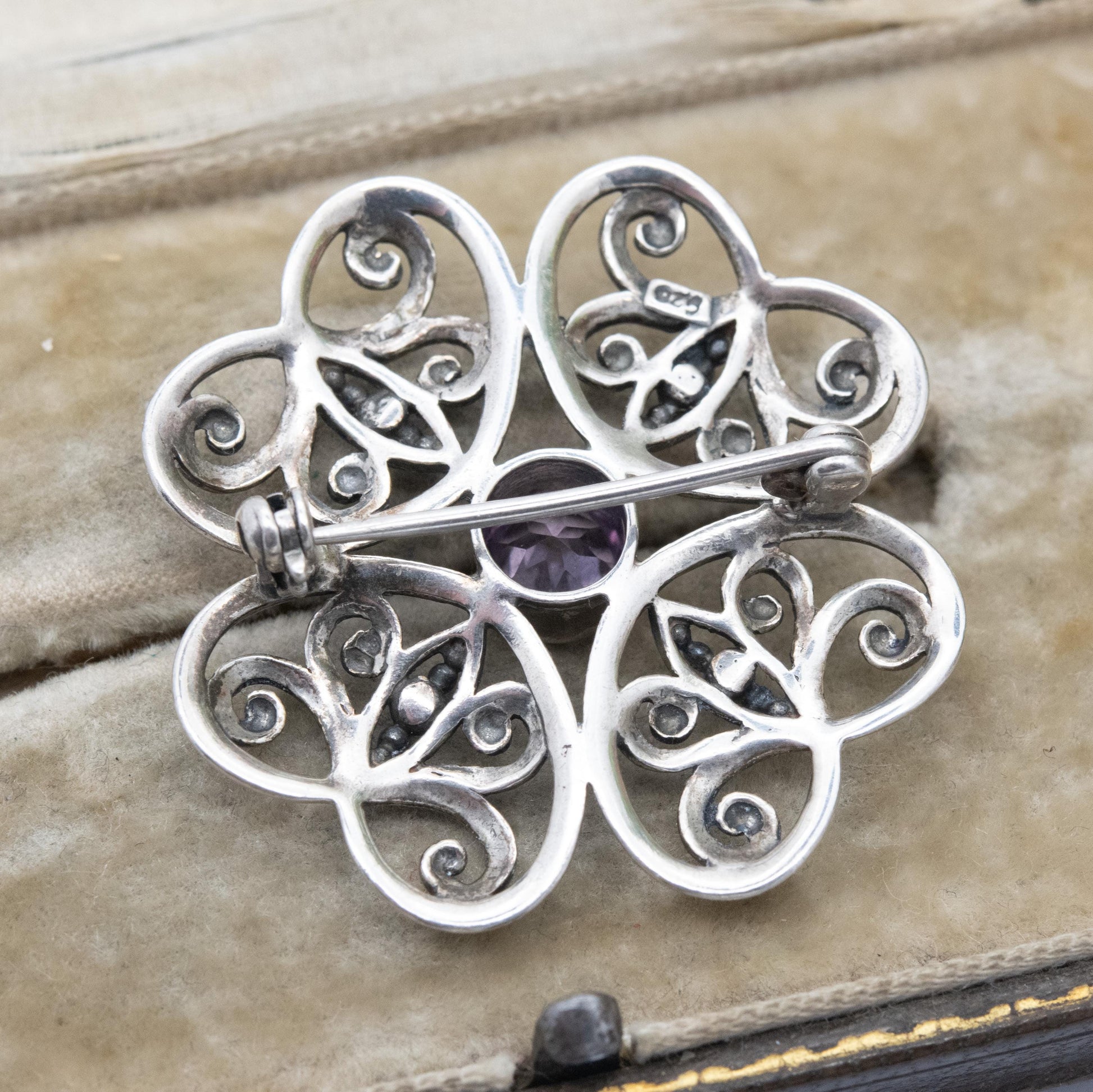 Vintage Sterling Silver Amethyst Floral Brooch - Openwork Flower Jewellery | Gift for Her