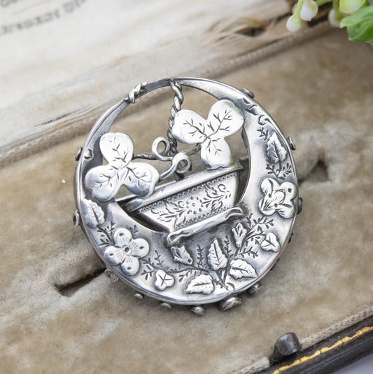 Antique Victorian Sterling Silver Aesthetic Movement Flower Brooch 1890 - Ivy Clover and Flower Design