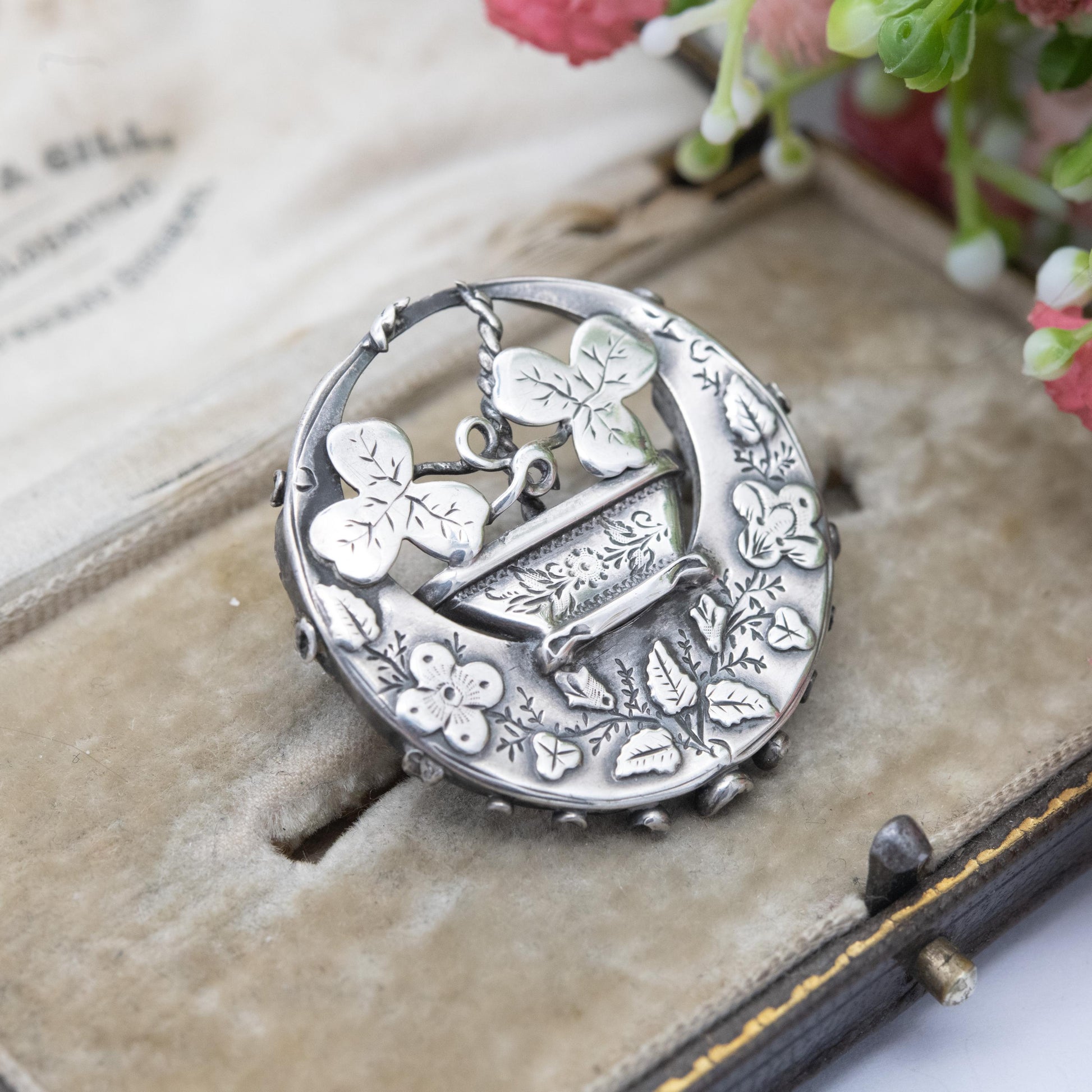 Antique Victorian Sterling Silver Aesthetic Movement Flower Brooch 1890 - Ivy Clover and Flower Design
