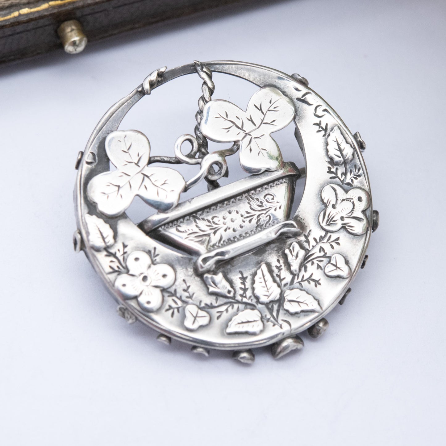 Antique Victorian Sterling Silver Aesthetic Movement Flower Brooch 1890 - Ivy Clover and Flower Design