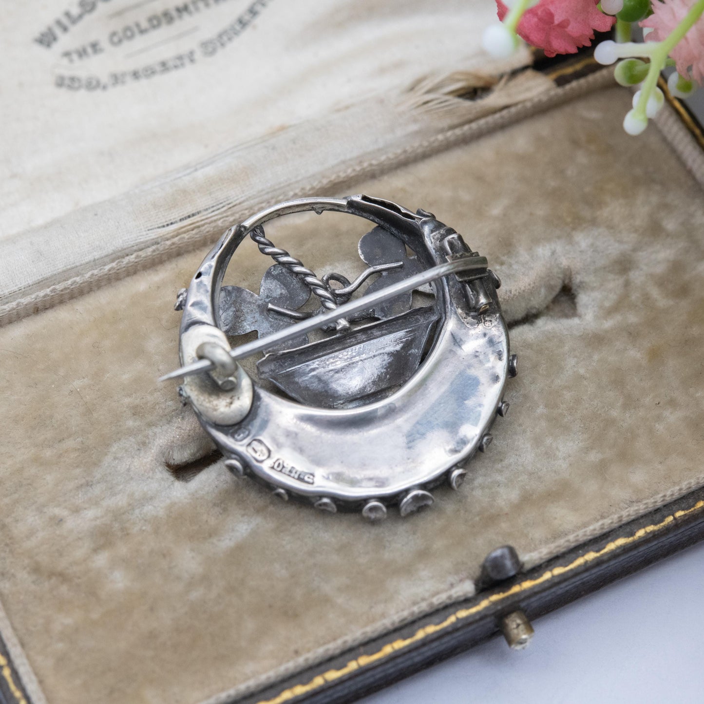 Antique Victorian Sterling Silver Aesthetic Movement Flower Brooch 1890 - Ivy Clover and Flower Design