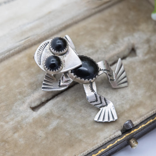 Vintage Navajo Sterling Silver Onyx Frog Brooch Pendant - Cute Frog Jewellery | South Western | Gift for Animal Lover