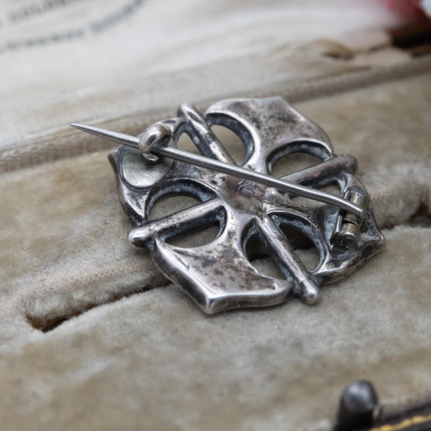 Antique Victorian Sterling Silver Floral Brooch - Victorian Aesthetic Movement Rounded Cross Design