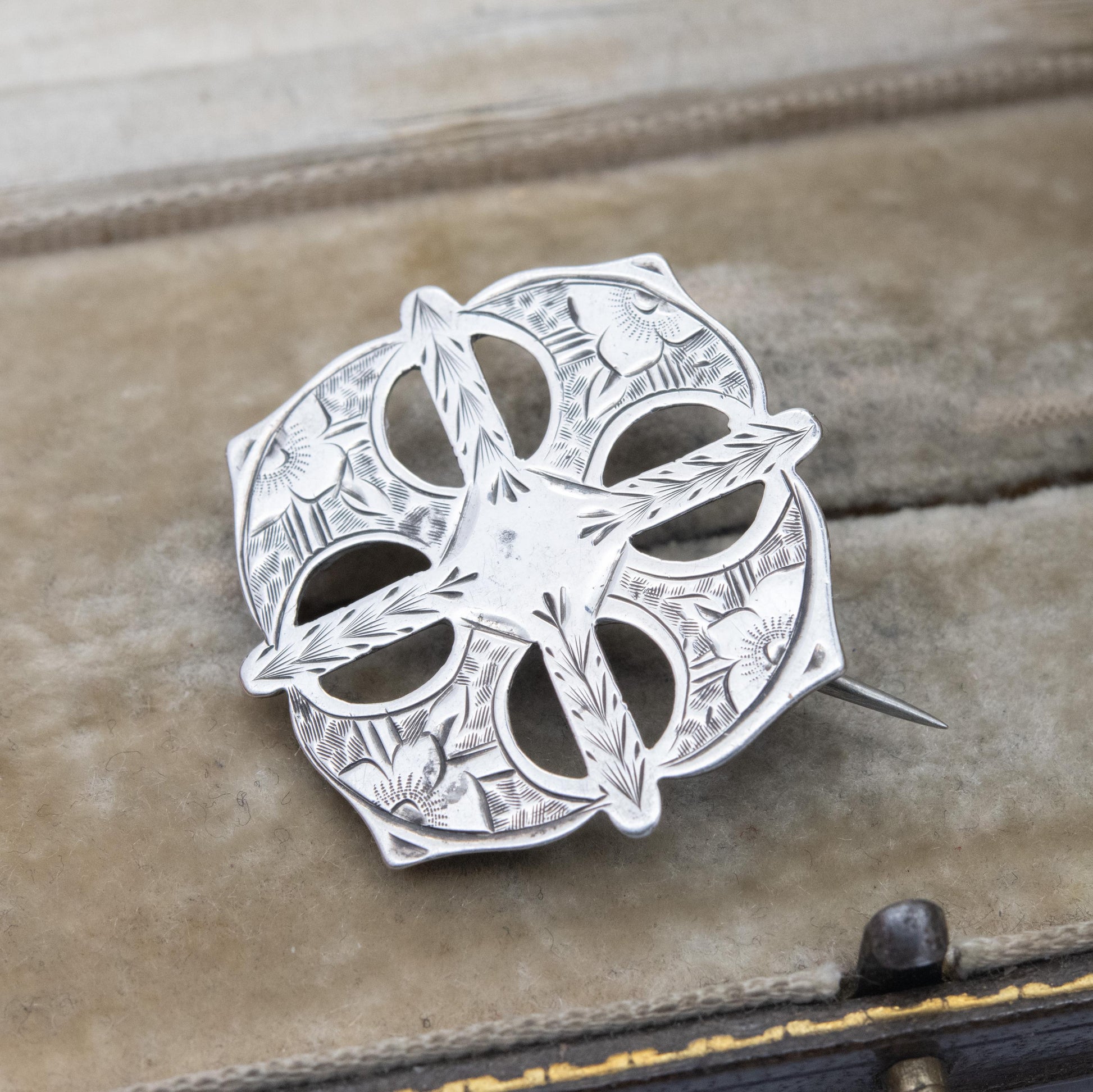 Antique Victorian Sterling Silver Floral Brooch - Victorian Aesthetic Movement Rounded Cross Design