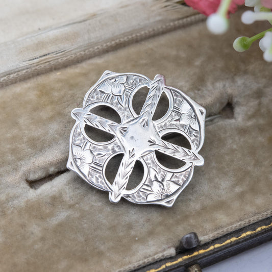 Antique Victorian Sterling Silver Floral Brooch - Victorian Aesthetic Movement Rounded Cross Design