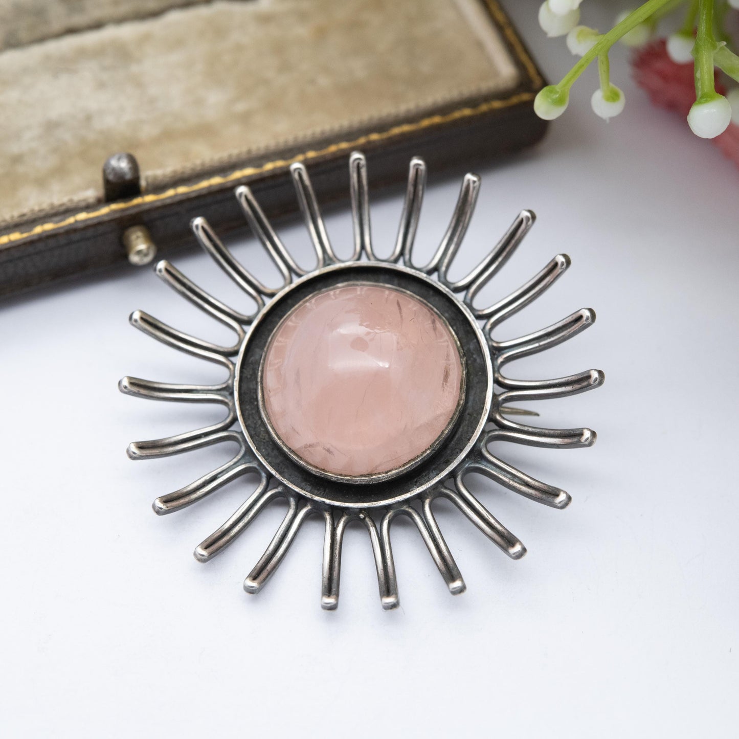 Vintage Scandinavian 835 Silver Rose Quartz Flower Brooch - Nice Quality Pink Gemstone | Gift for Her