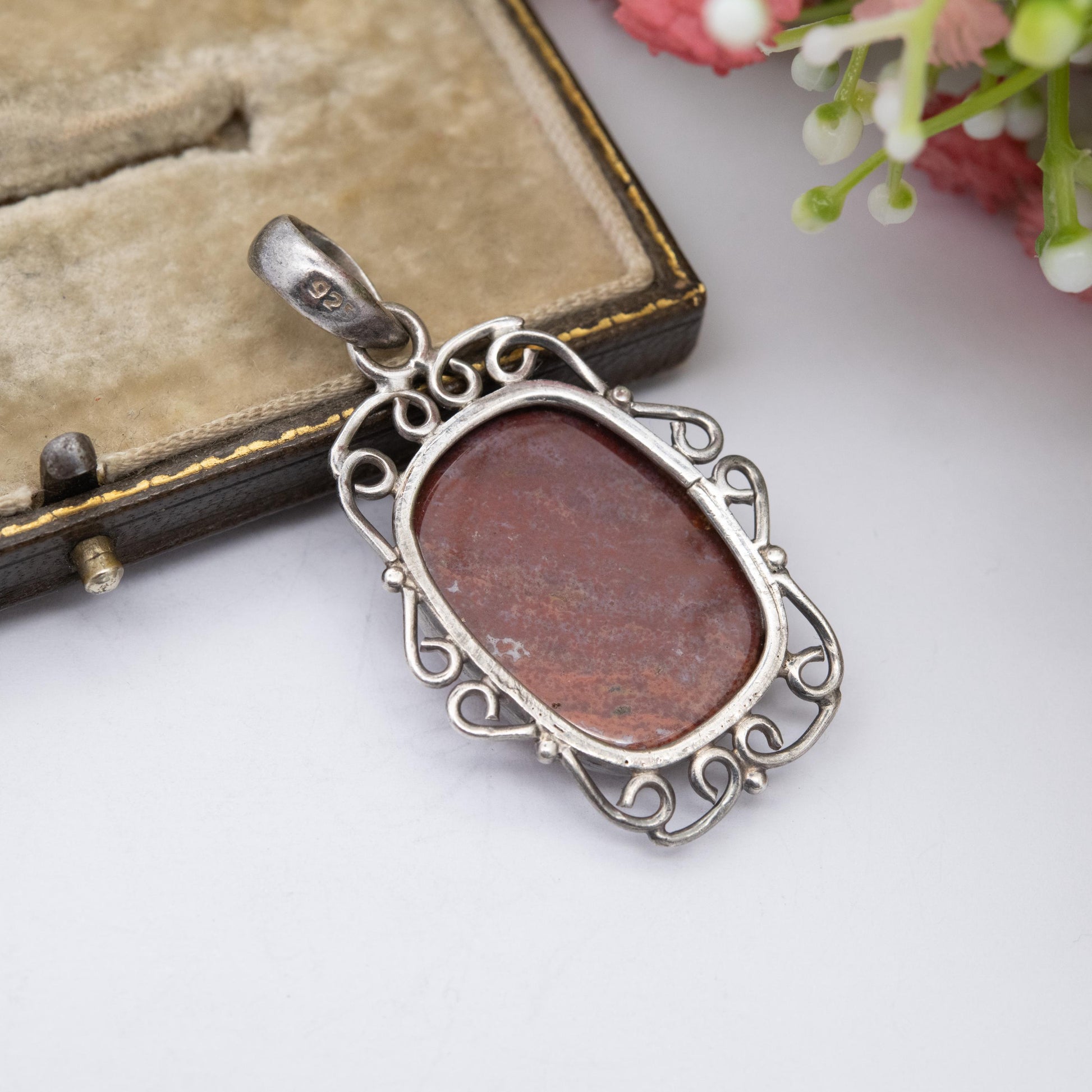 Vintage Sterling Silver and Jasper Pendant - Large Brown Gemstone | Openwork Mount | Gift for Her