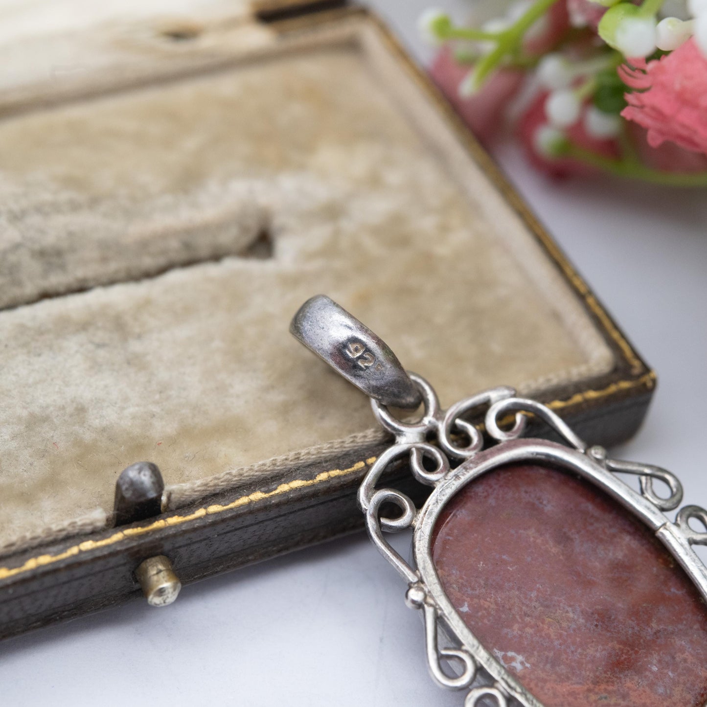 Vintage Sterling Silver and Jasper Pendant - Large Brown Gemstone | Openwork Mount | Gift for Her