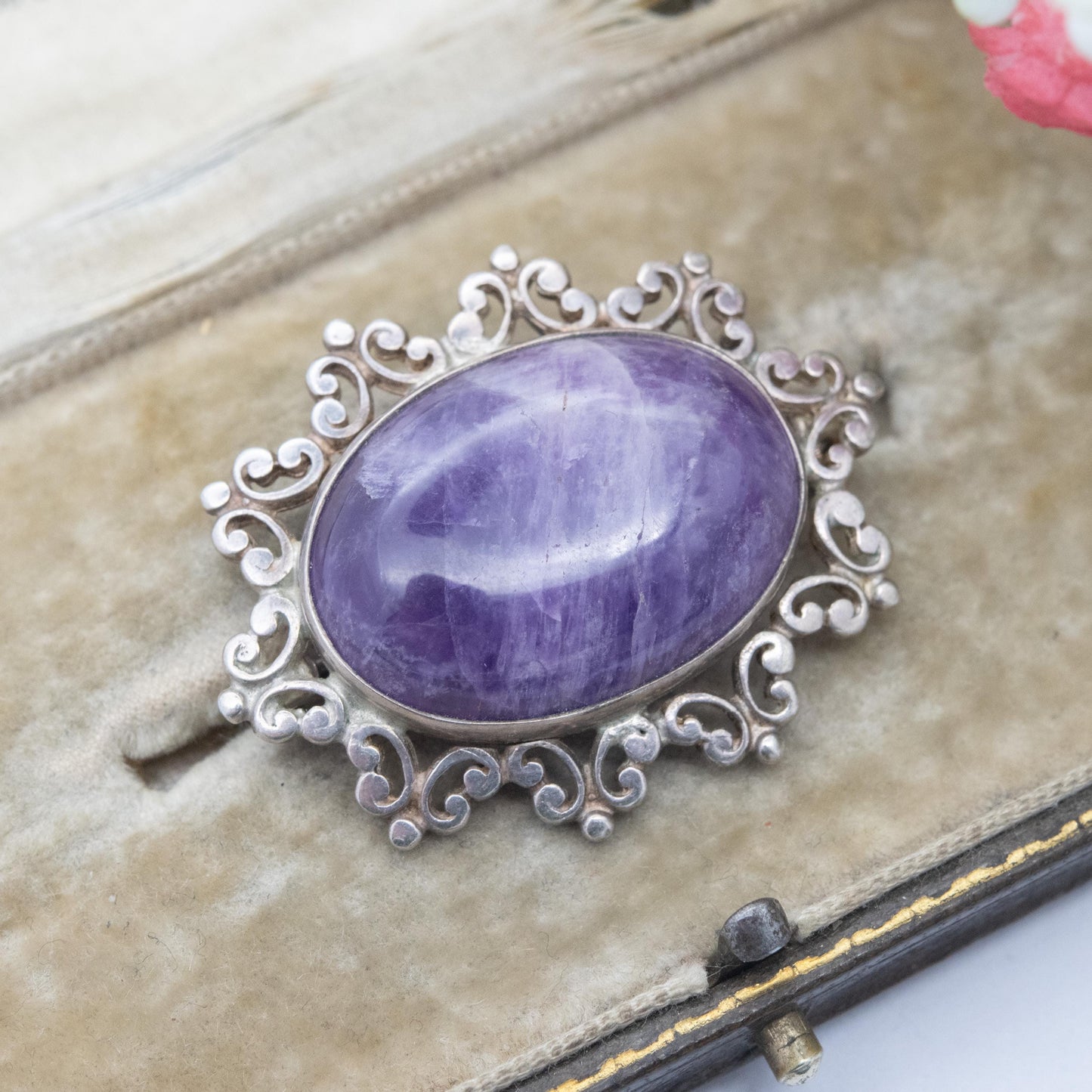 Vintage Sterling Silver Amethyst Cabochon Brooch 1982 - Chunky Mid-Century Oval Cabochon Purple Stone | Gift for Her