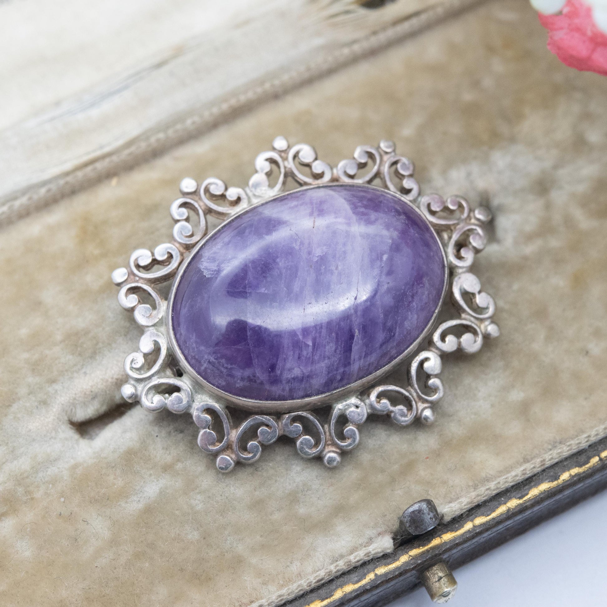 Vintage Sterling Silver Amethyst Cabochon Brooch 1982 - Chunky Mid-Century Oval Cabochon Purple Stone | Gift for Her