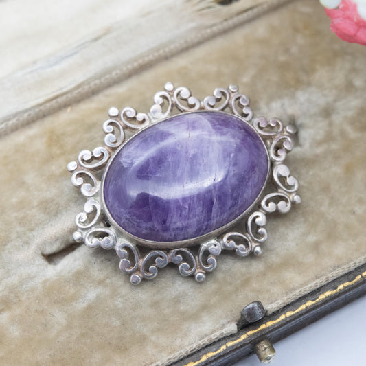 Vintage Sterling Silver Amethyst Cabochon Brooch 1982 - Chunky Mid-Century Oval Cabochon Purple Stone | Gift for Her