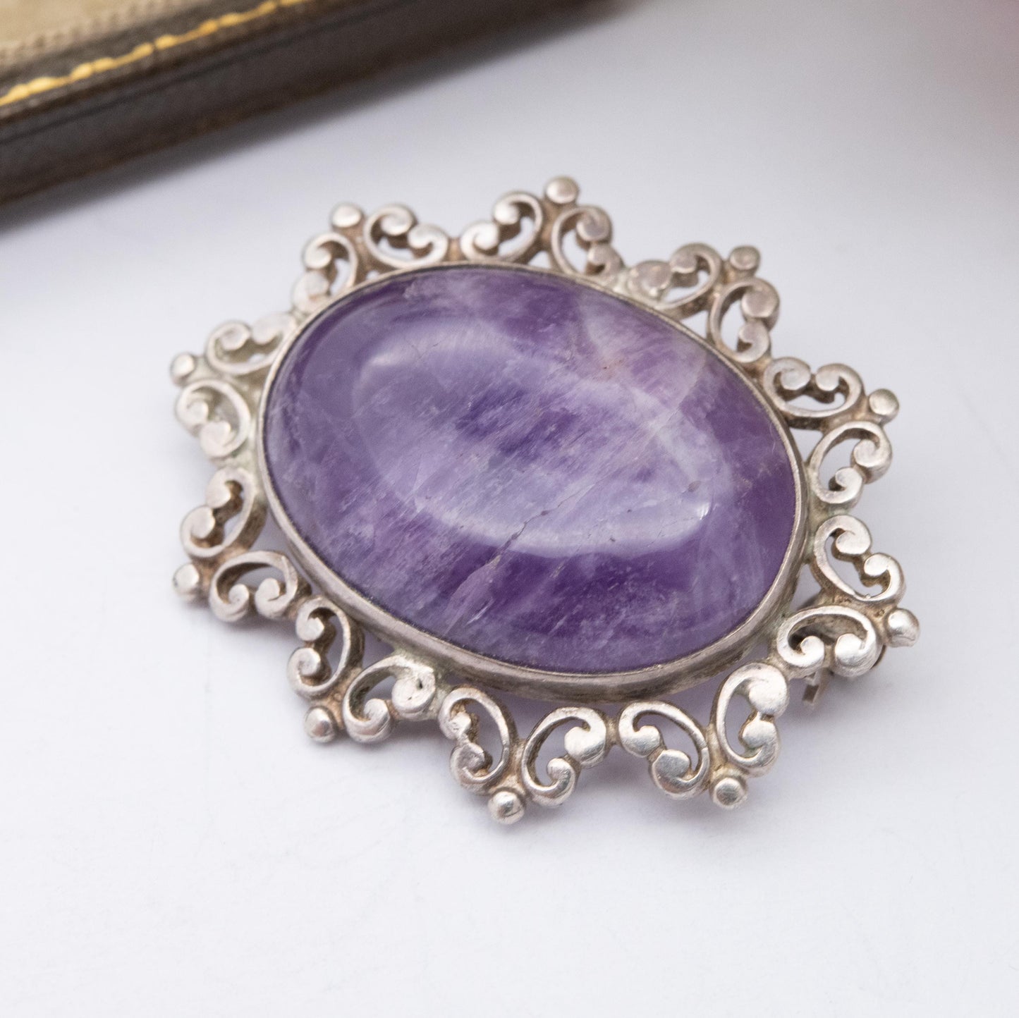 Vintage Sterling Silver Amethyst Cabochon Brooch 1982 - Chunky Mid-Century Oval Cabochon Purple Stone | Gift for Her