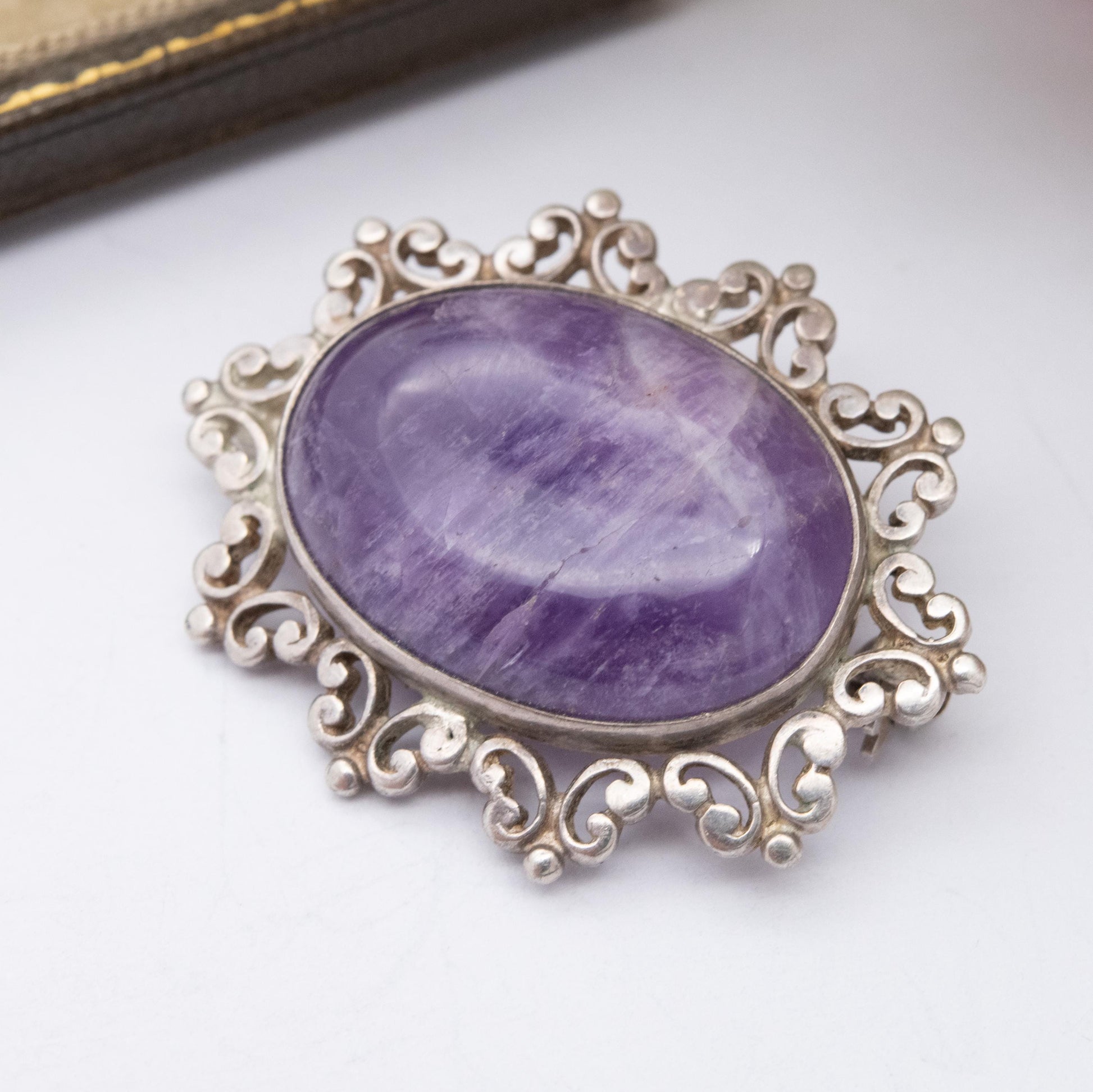 Vintage Sterling Silver Amethyst Cabochon Brooch 1982 - Chunky Mid-Century Oval Cabochon Purple Stone | Gift for Her