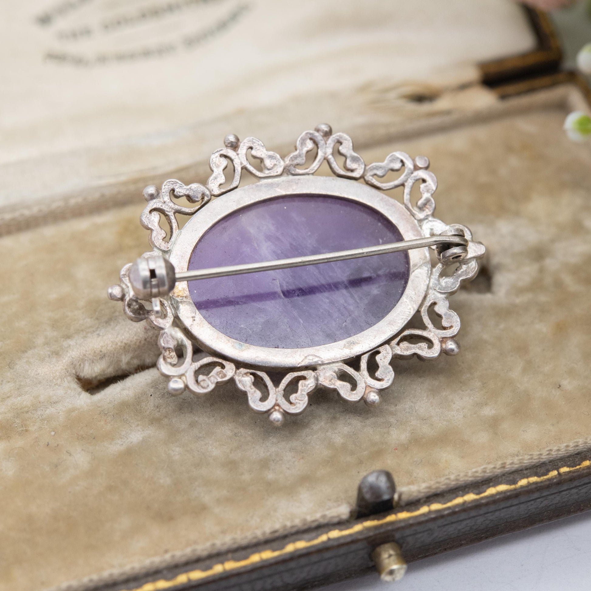Vintage Sterling Silver Amethyst Cabochon Brooch 1982 - Chunky Mid-Century Oval Cabochon Purple Stone | Gift for Her
