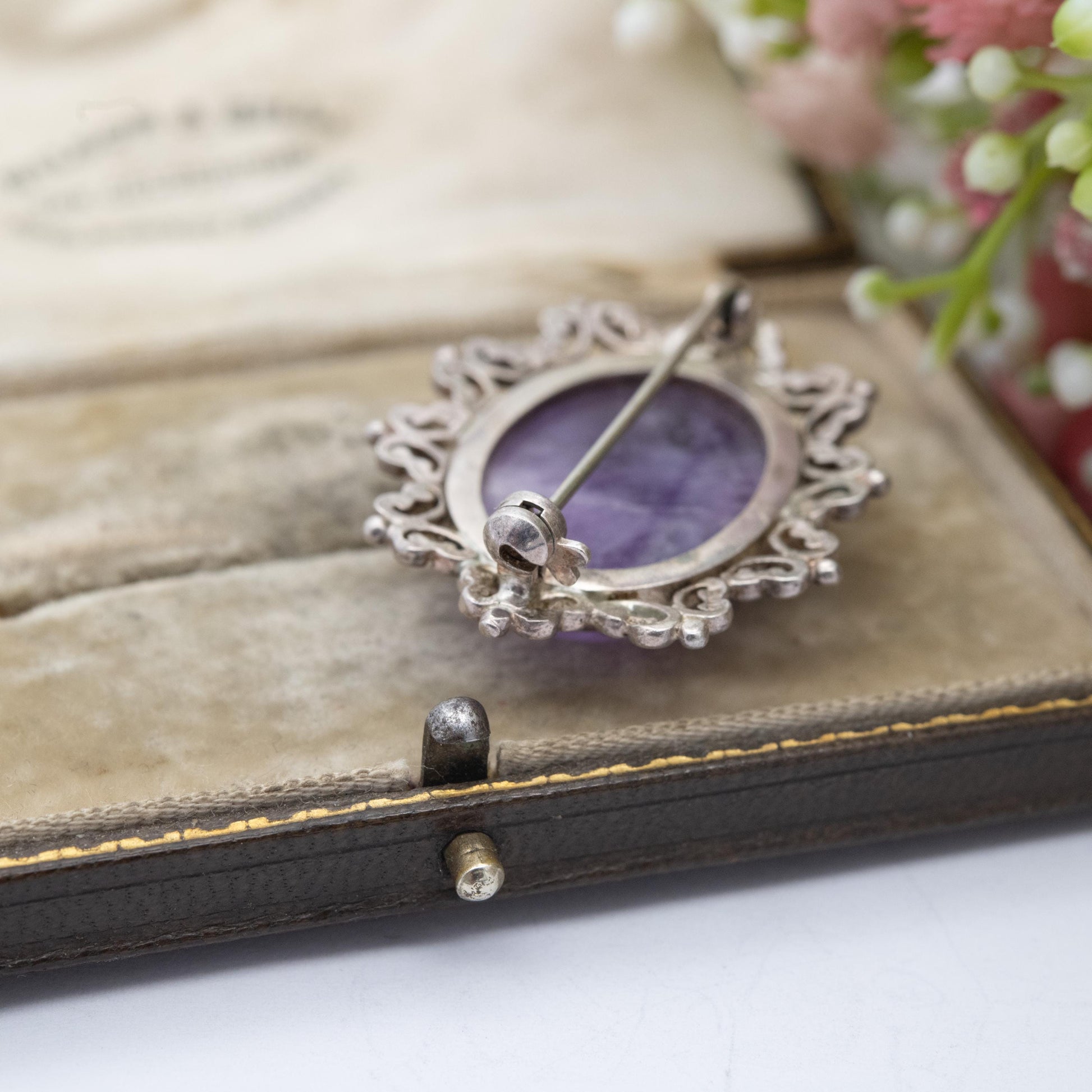 Vintage Sterling Silver Amethyst Cabochon Brooch 1982 - Chunky Mid-Century Oval Cabochon Purple Stone | Gift for Her